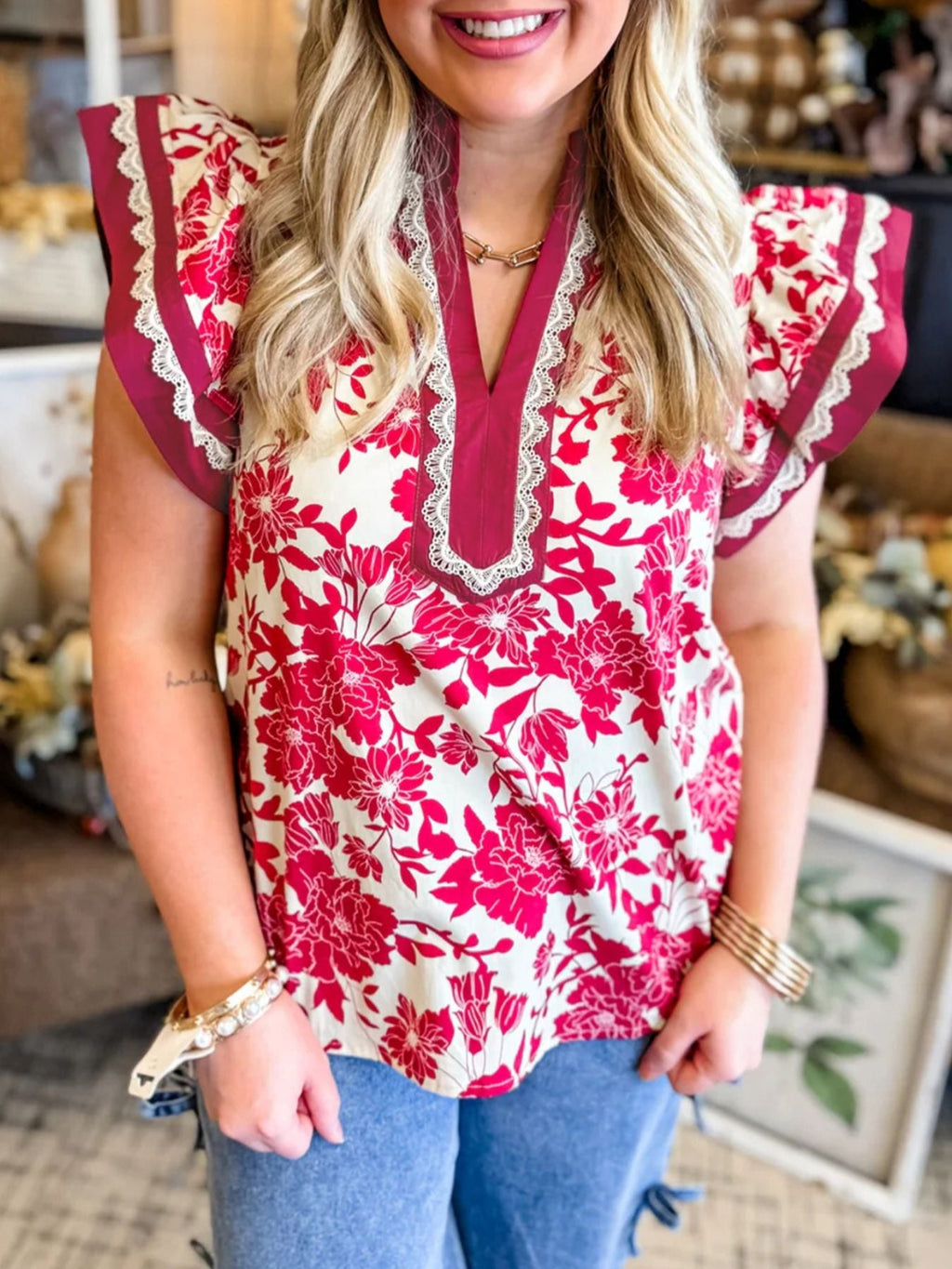Floral Print Color Block Trim Lace Detail V Neck Flutter Sleeve Blouse