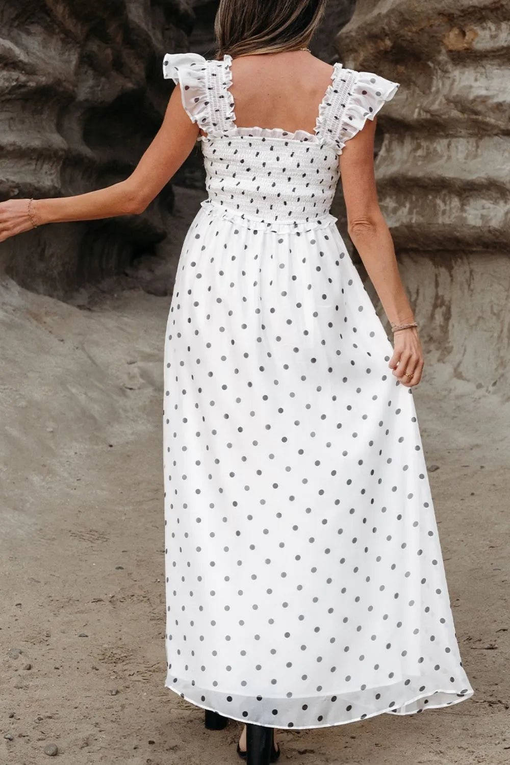 Polka Dot Ruffle Sleeve Smocked Midi Dress