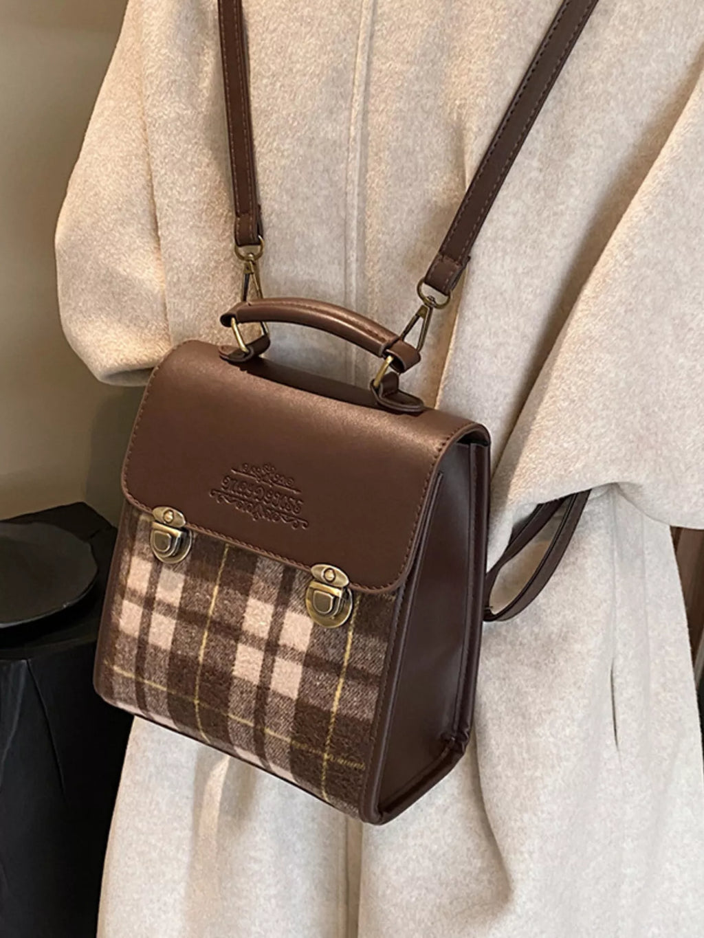 Vintage Plaid Flap Backpack Bag