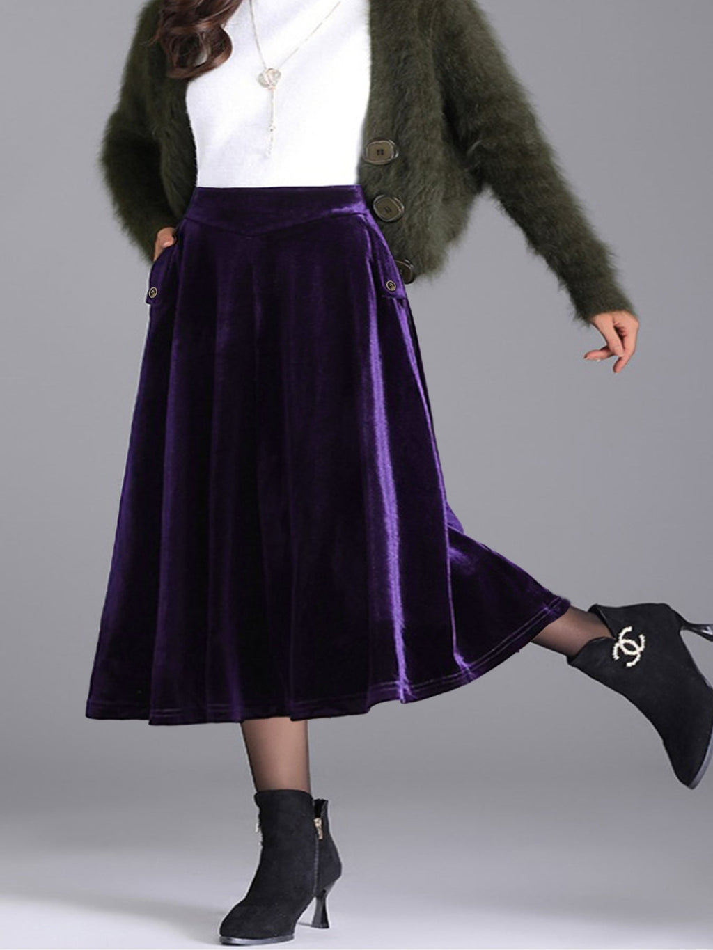 Plus Size Elegant Velvet A-Line Midi Skirt