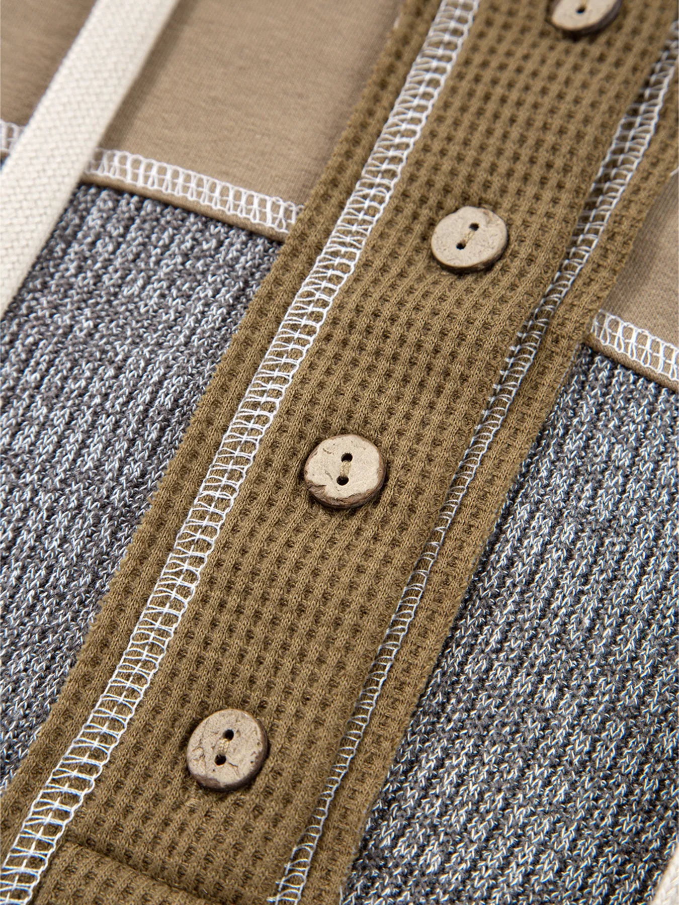 Mixed Texture Patchwork Exposed Seam Half Button Hoodie