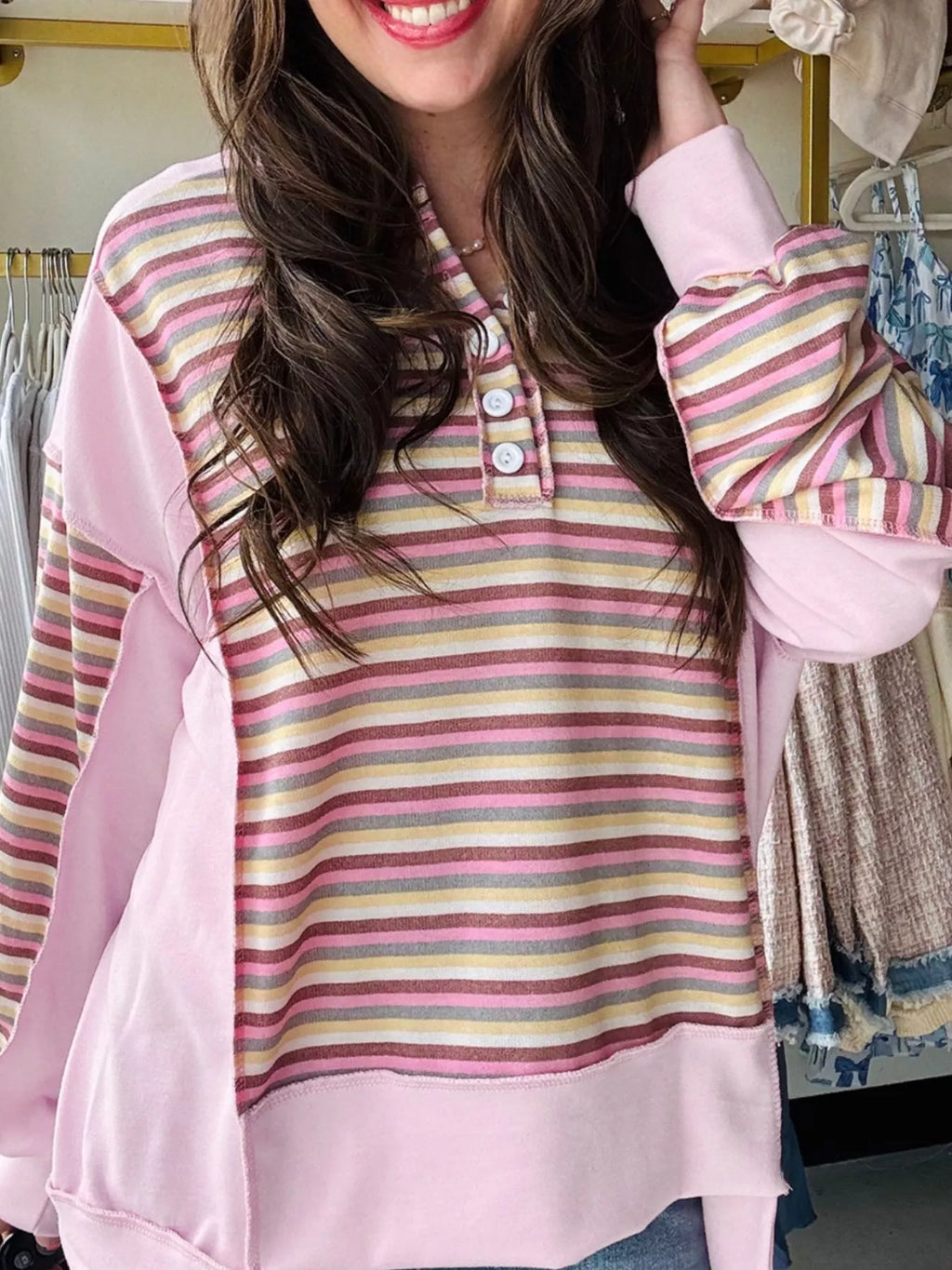 Exposed Seam Color Block Striped Patchwork Loose Henley Sweatshirt