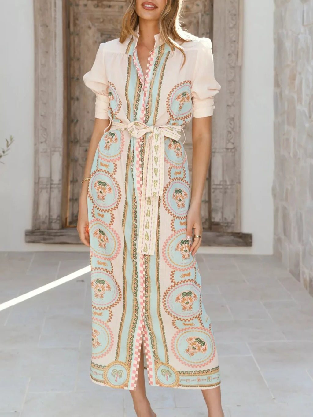 Printed Puff Sleeve Tie Waist Midi Dress