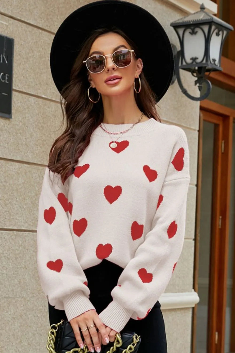 Heart Pattern Lantern Sleeve Round Neck Tunic Sweater