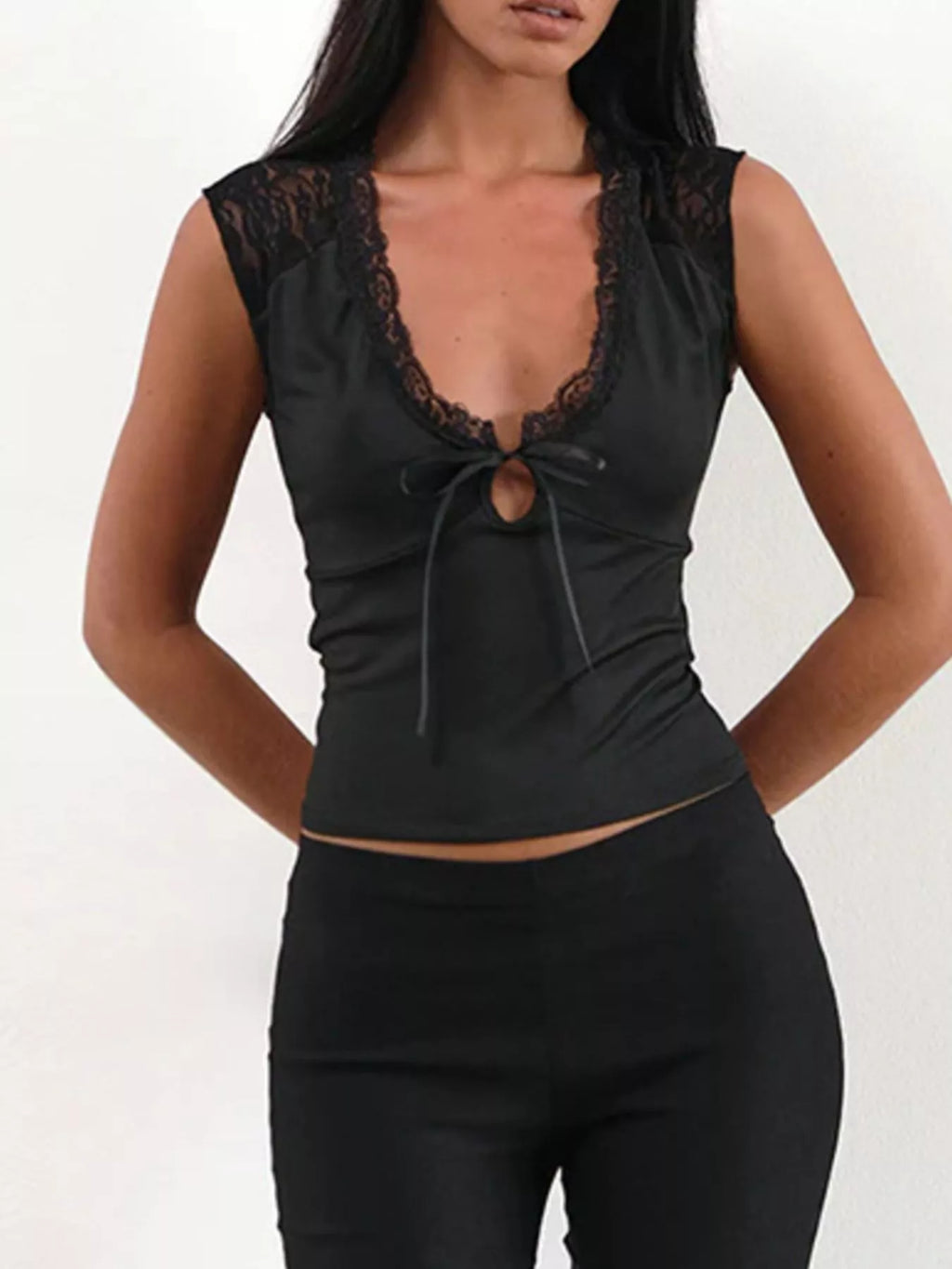 Lace Trim V-Neck Sleeveless Tank Top with Front Tie