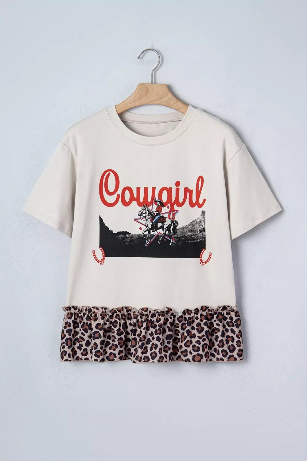 COWGIRL Print Leopard Ruffle Hem Patchwork T Shirt