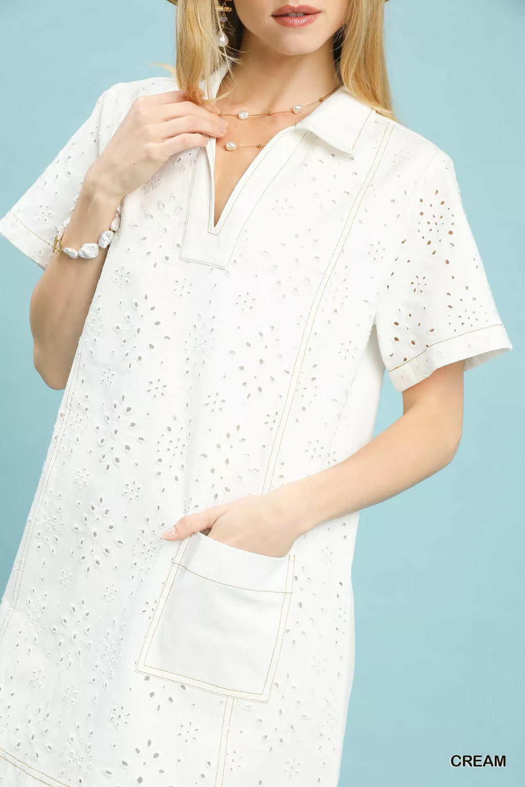 Umgee Eyelet Short Sleeve Shift Dress with Pocket