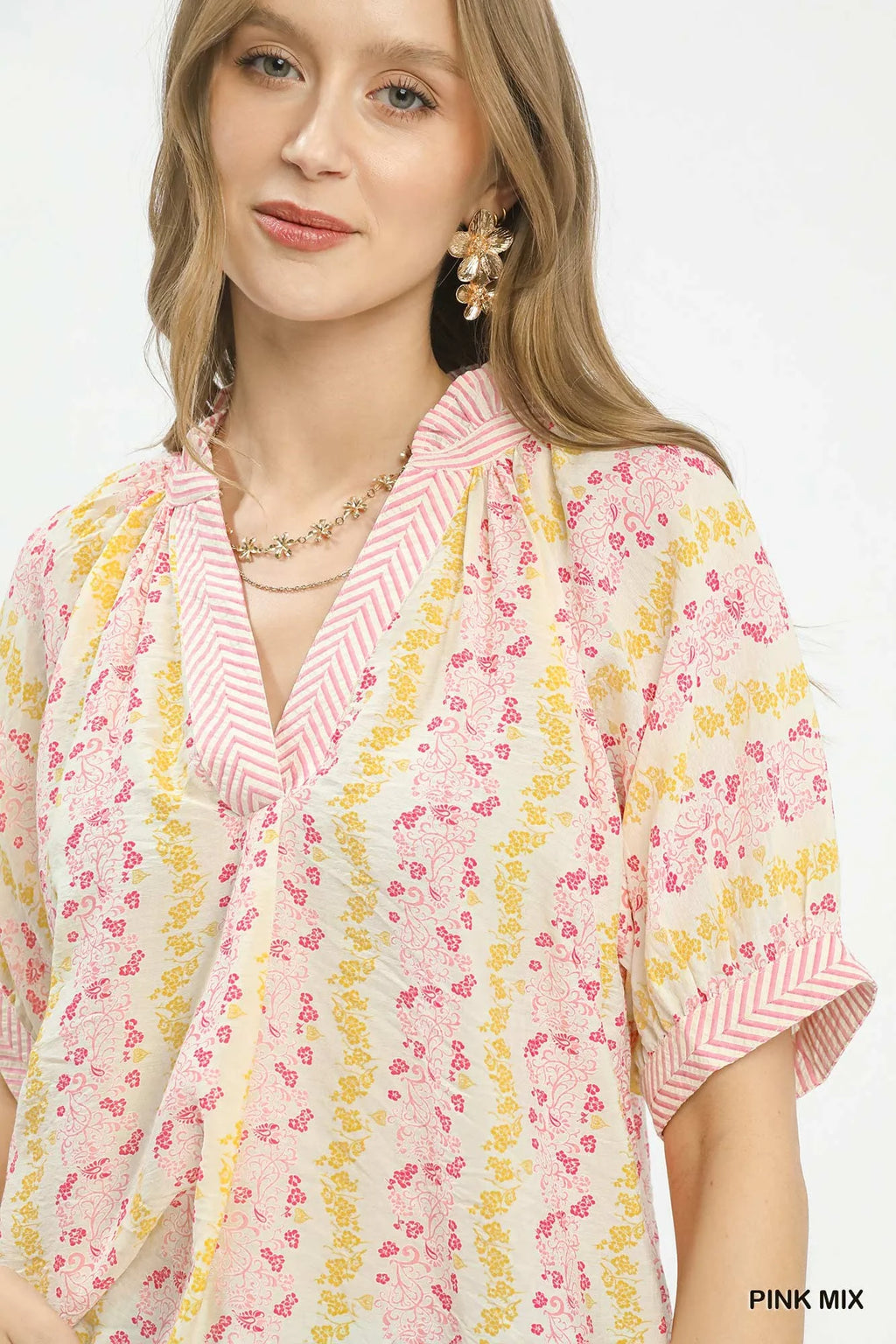 Umgee Mix Print Boho Blouse with Contrast Trim