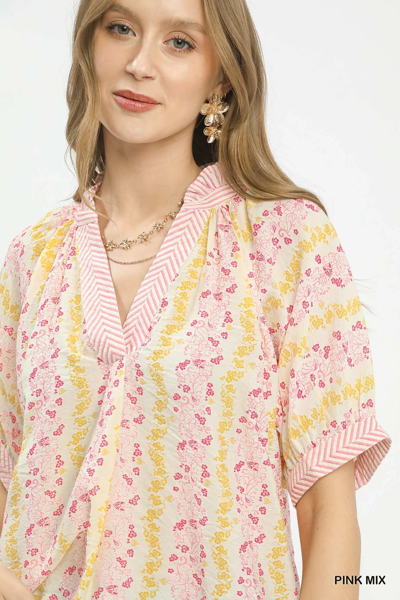 Umgee Mix Print Boho Blouse with Contrast Trim