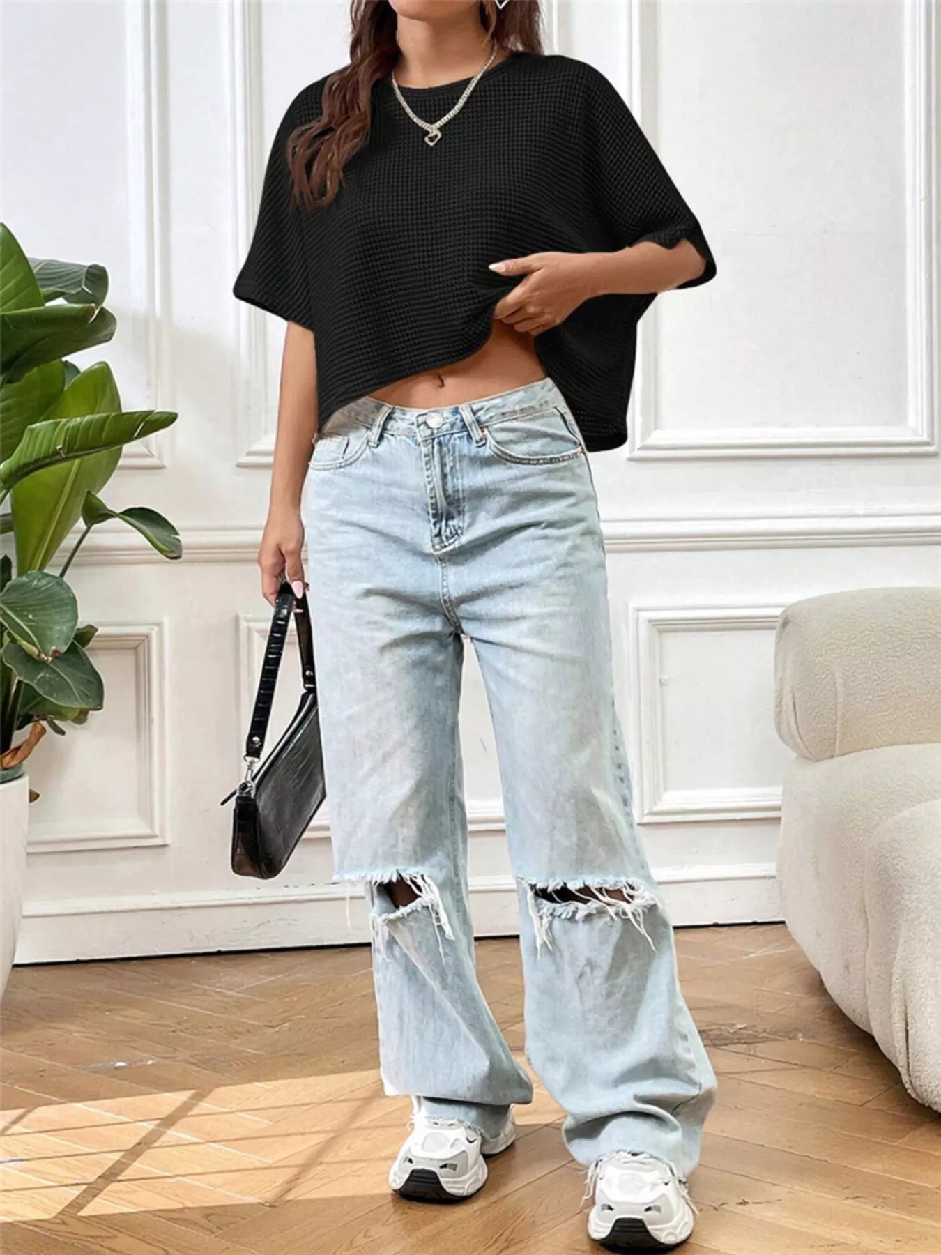 Waffle Knit Cropped T-Shirt