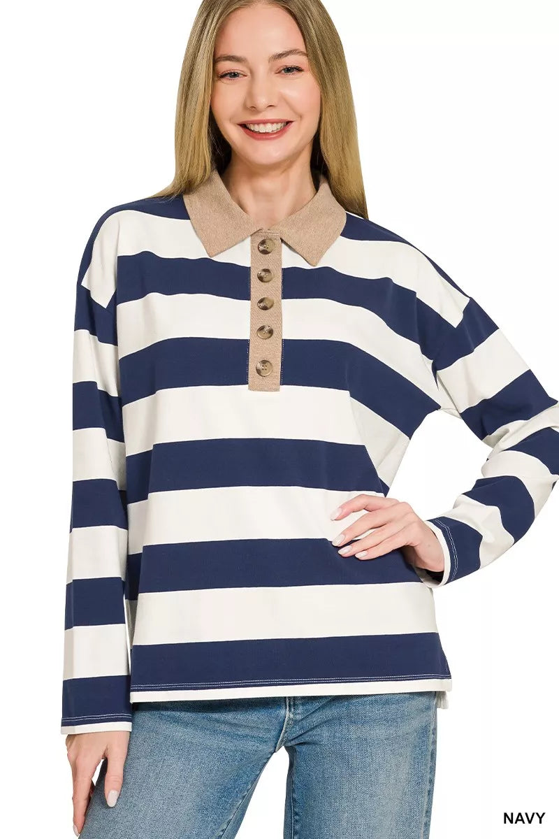Zenana Striped Contrast Collar Polo Tee