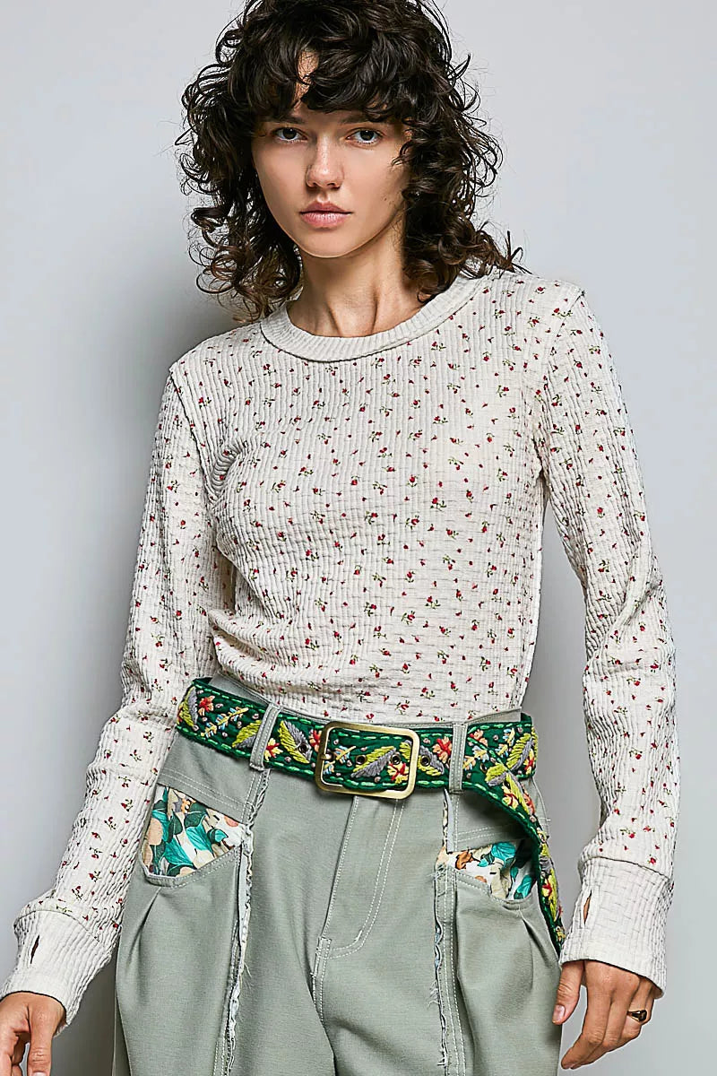 POL Ribbed Knit Floral Crew Neck Long Sleeve Top
