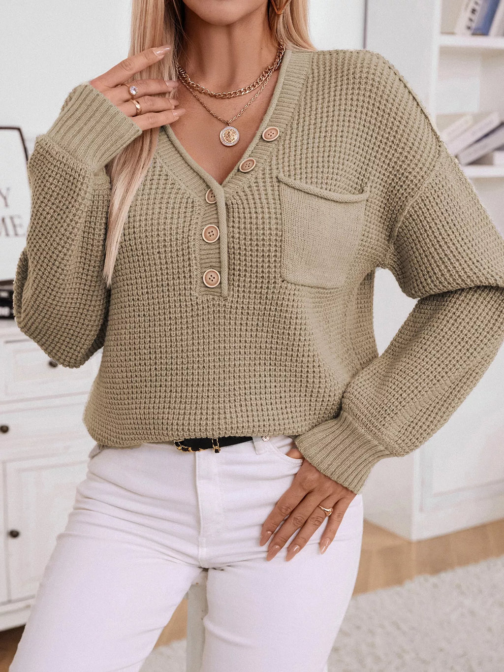 Button Detail Long Sleeve Sweater