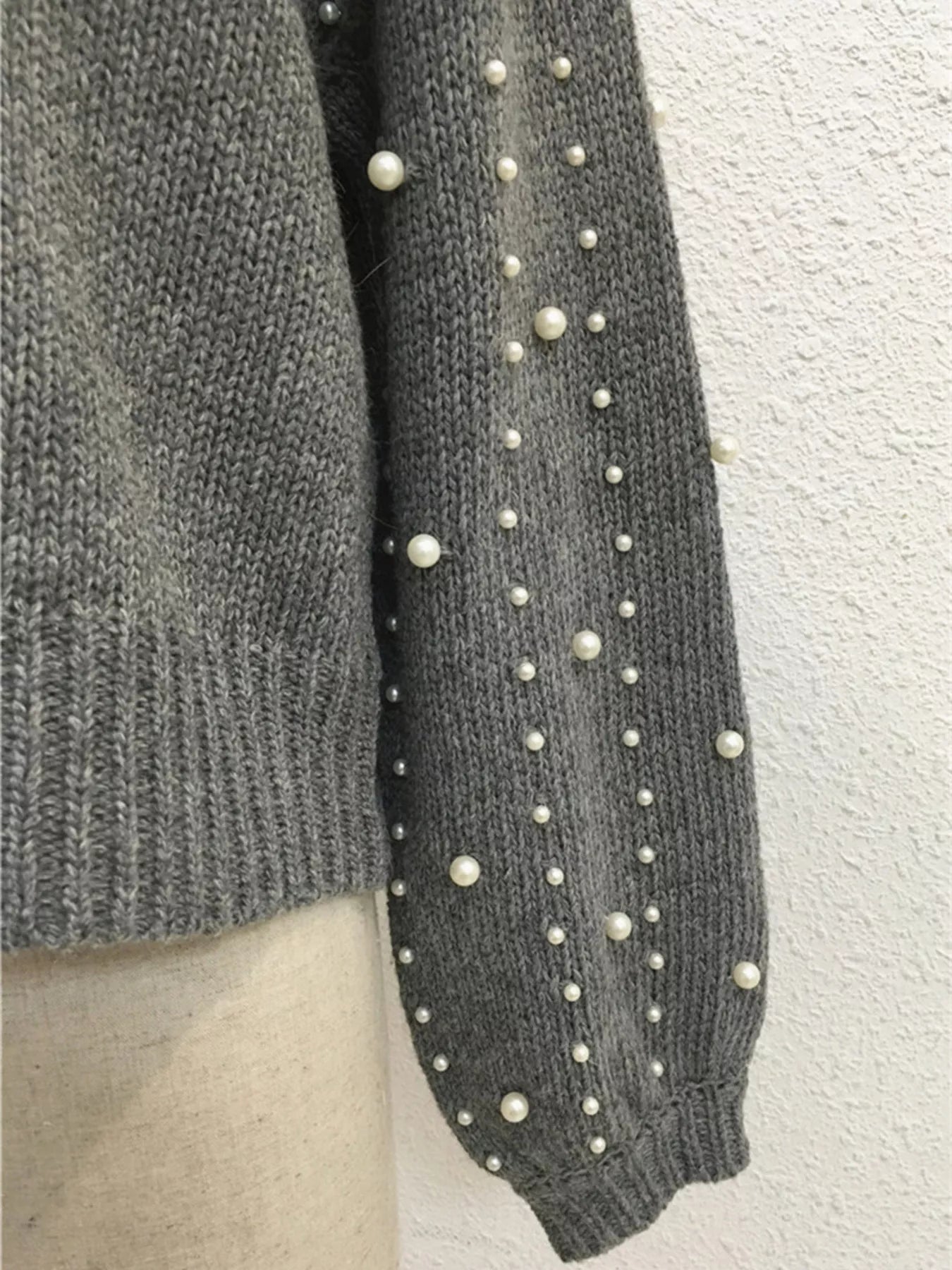 Pearl-Embellished Mock Neck Sweater