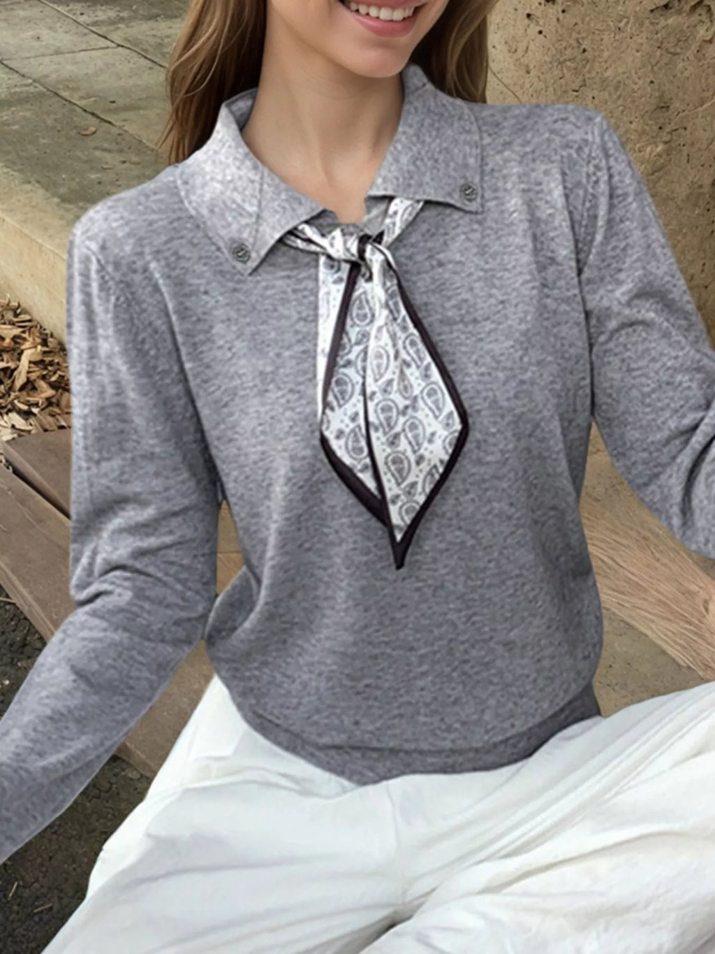 Scarf-Accented Long Sleeve Sweater