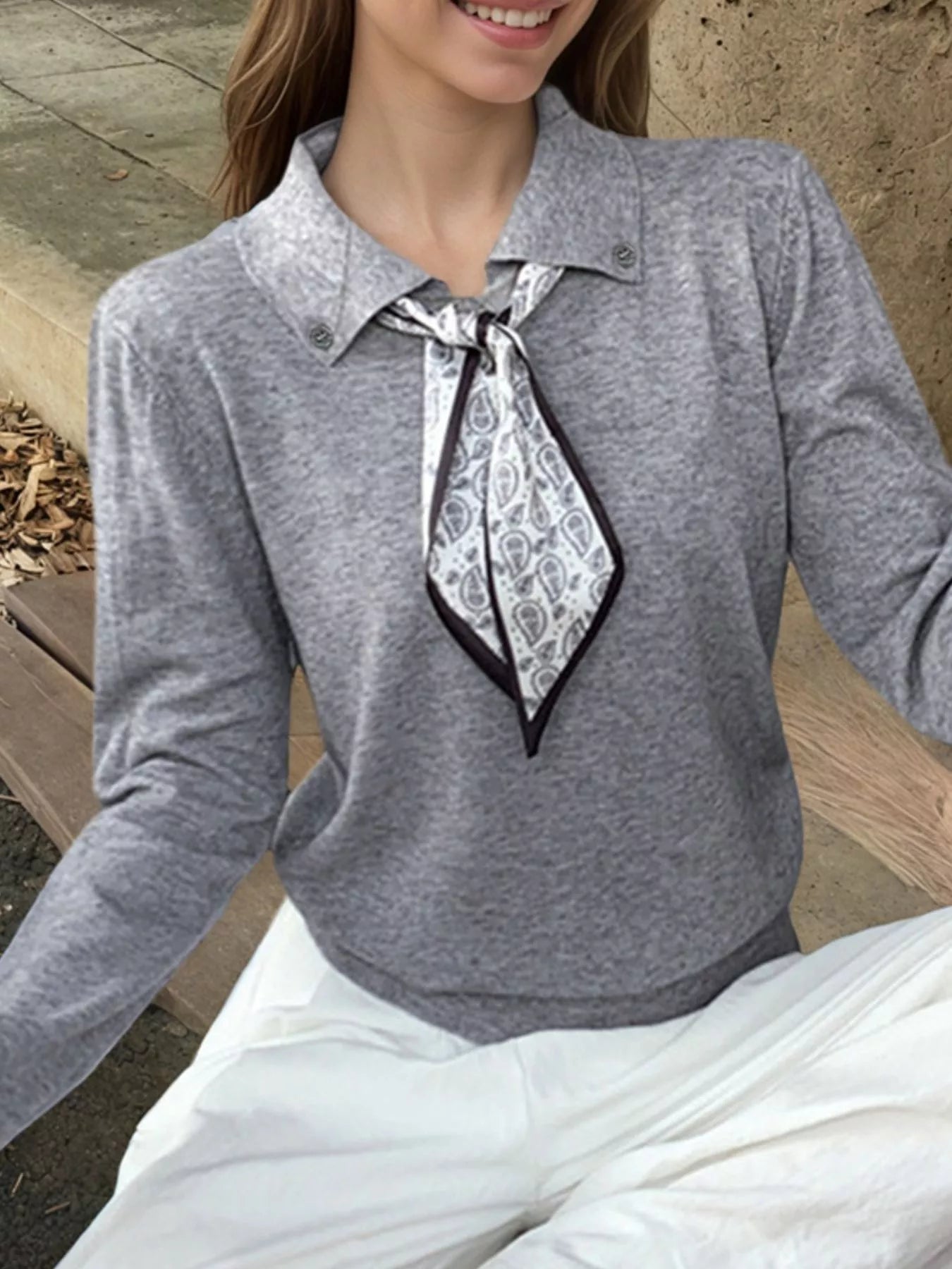 Scarf-Accented Long Sleeve Sweater