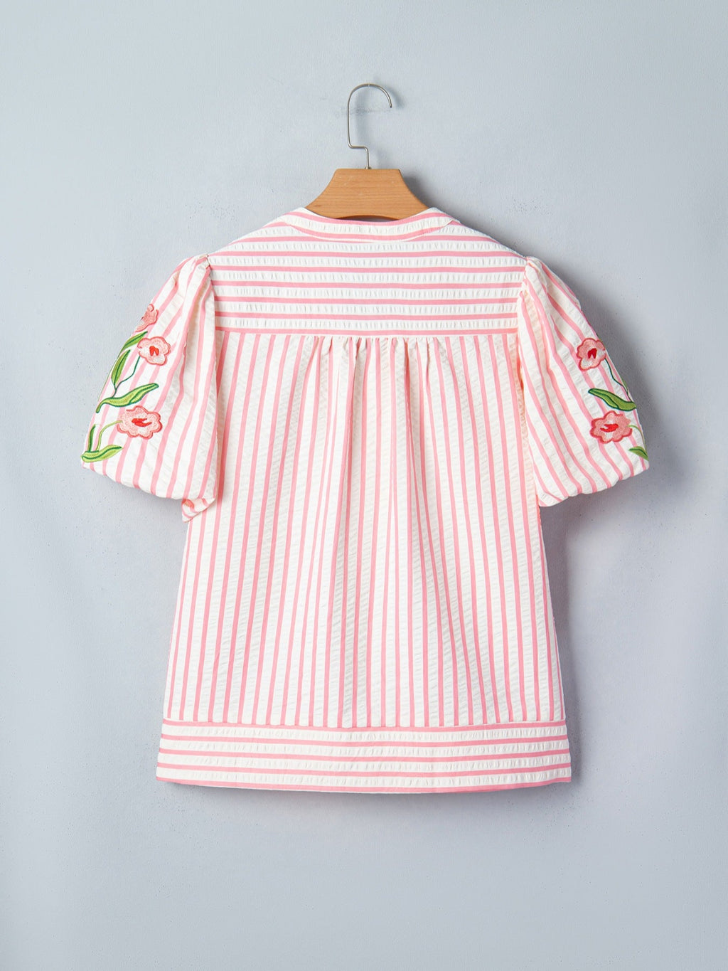 Stripe Print Floral Embroidered Puff Sleeve V Neck Blouse