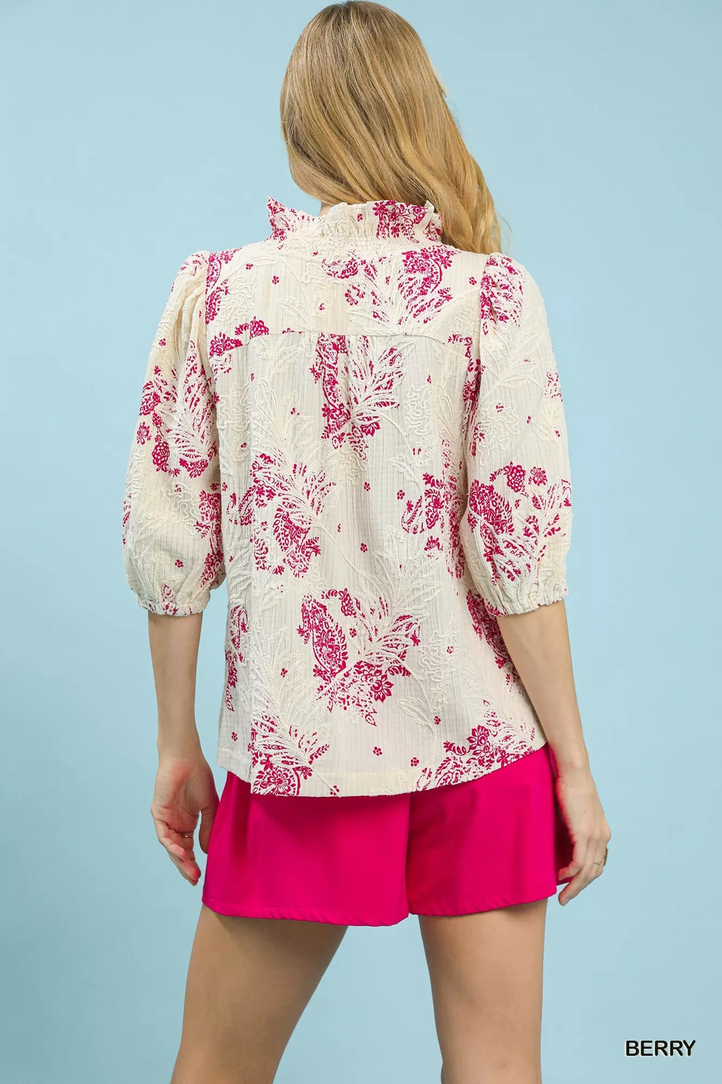 Umgee Floral Embroidered Blouse with Ruffle Trim