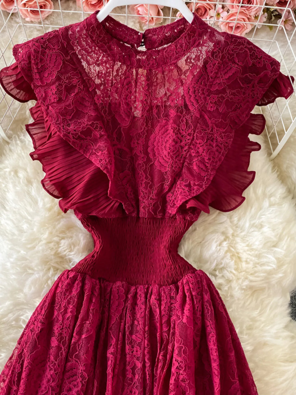 Ruffled Mock Neck Lace Maxi Dress