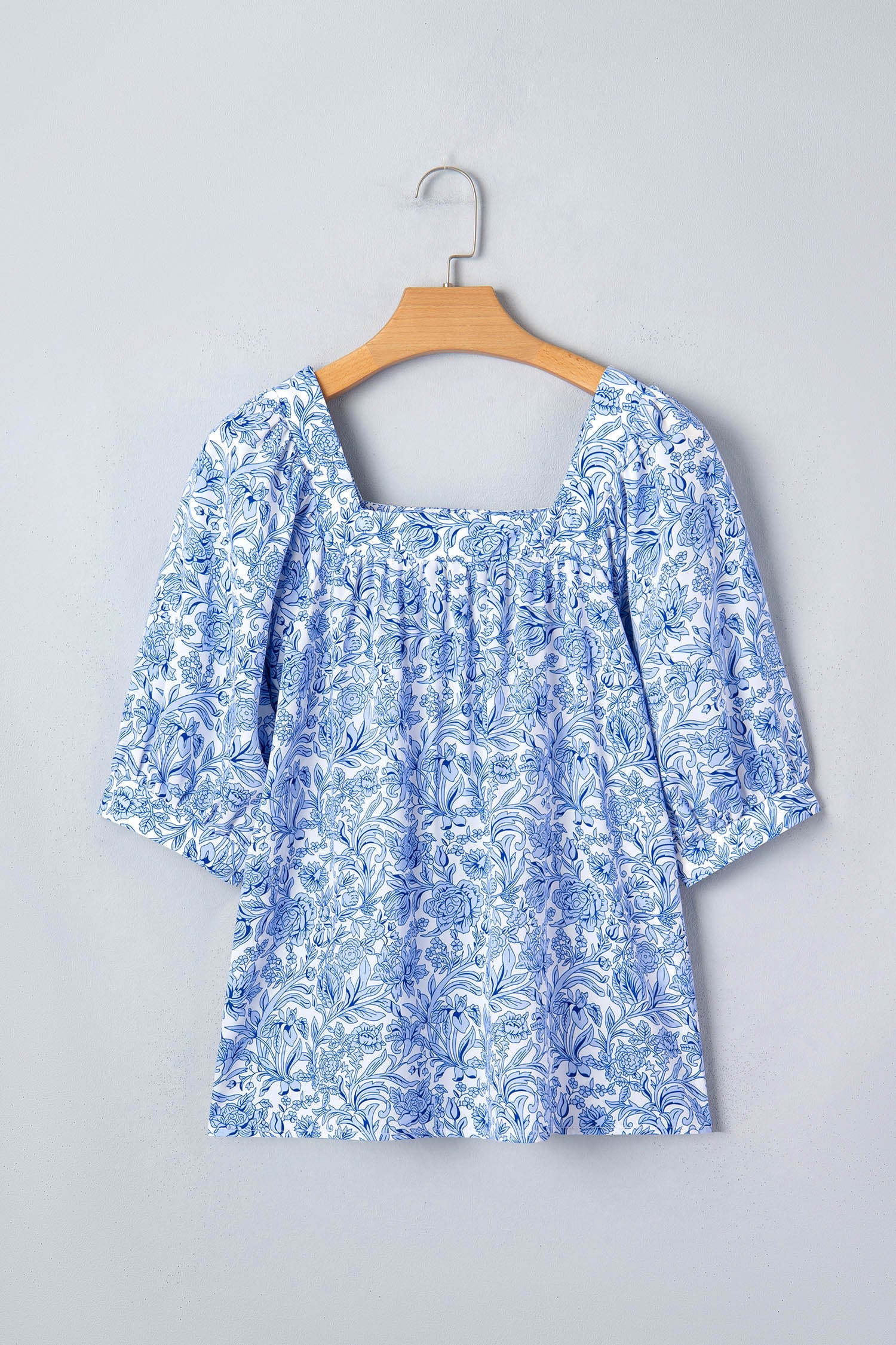 Floral Pleated Square Neck Puff Sleeve Blouse