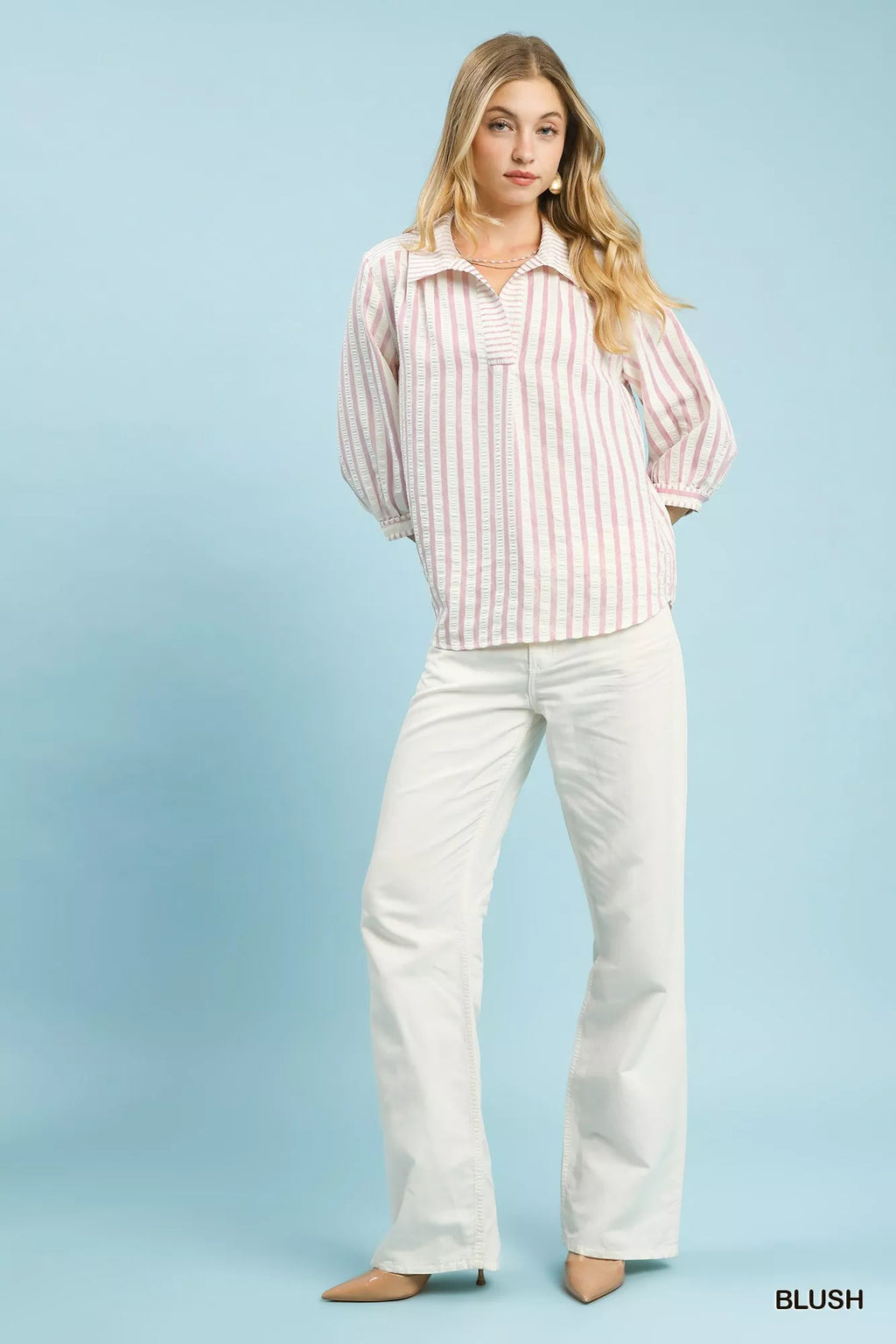 Umgee Striped Collared Neck Blouse