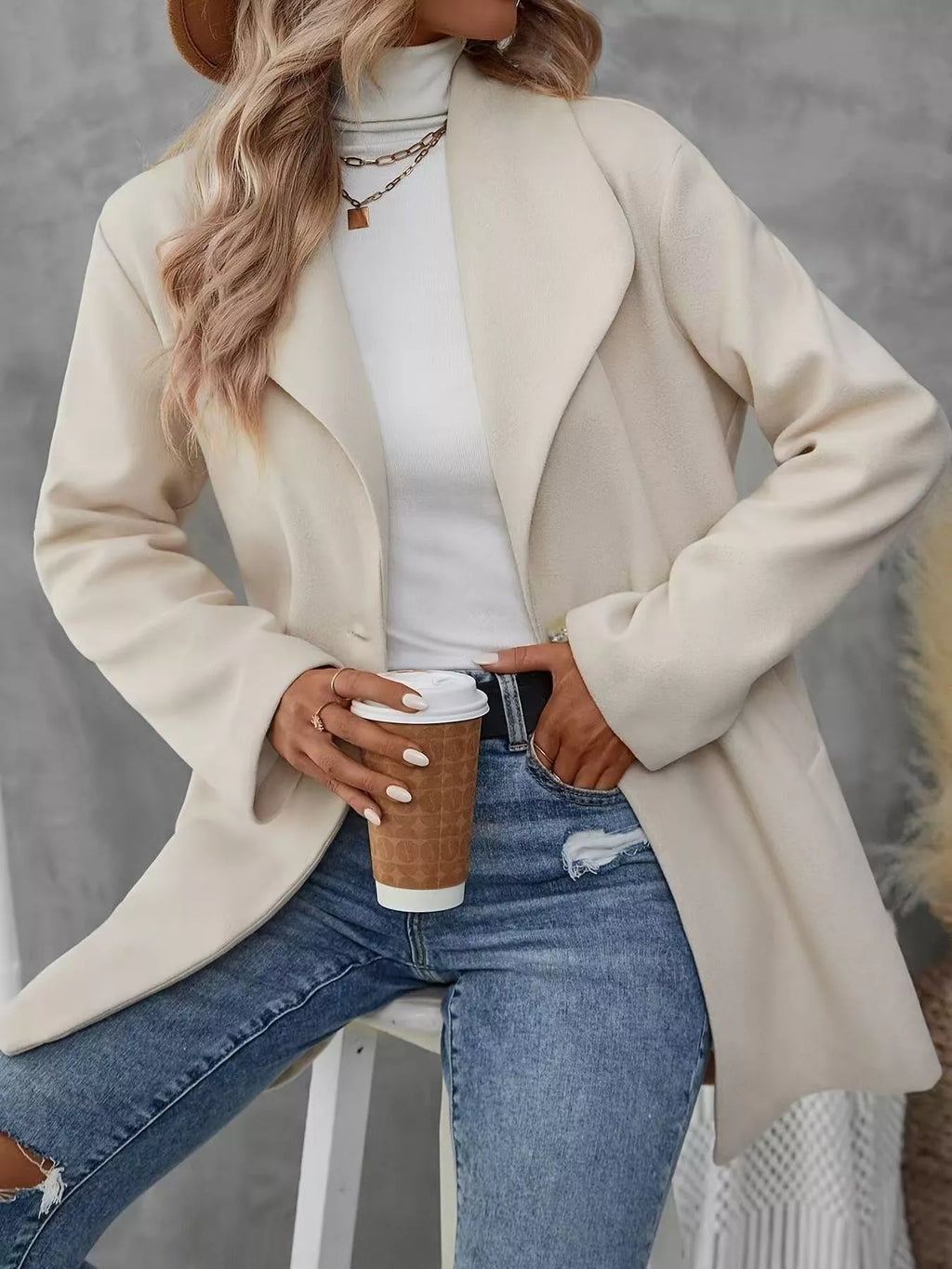 Lapel Collar Single-Button Wool Blend Overcoat