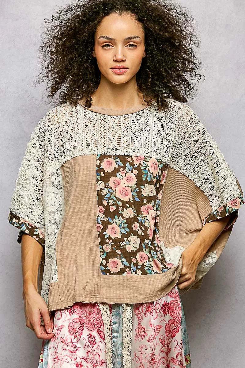 POL Floral Patchwork Lace Accent Blouse