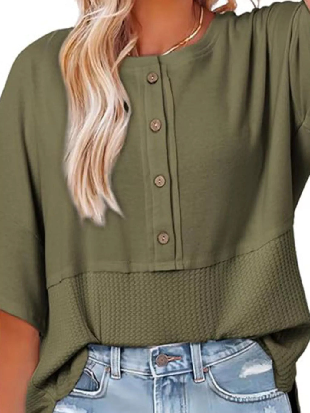 Button Detail Texture Knit T-Shirt
