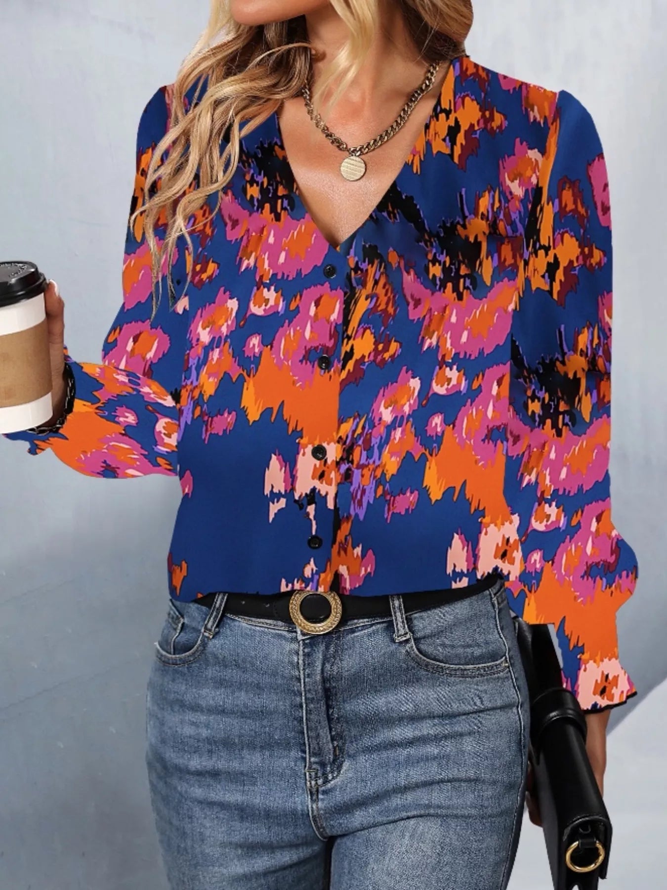 Printed Button Up Long Sleeve Shirt