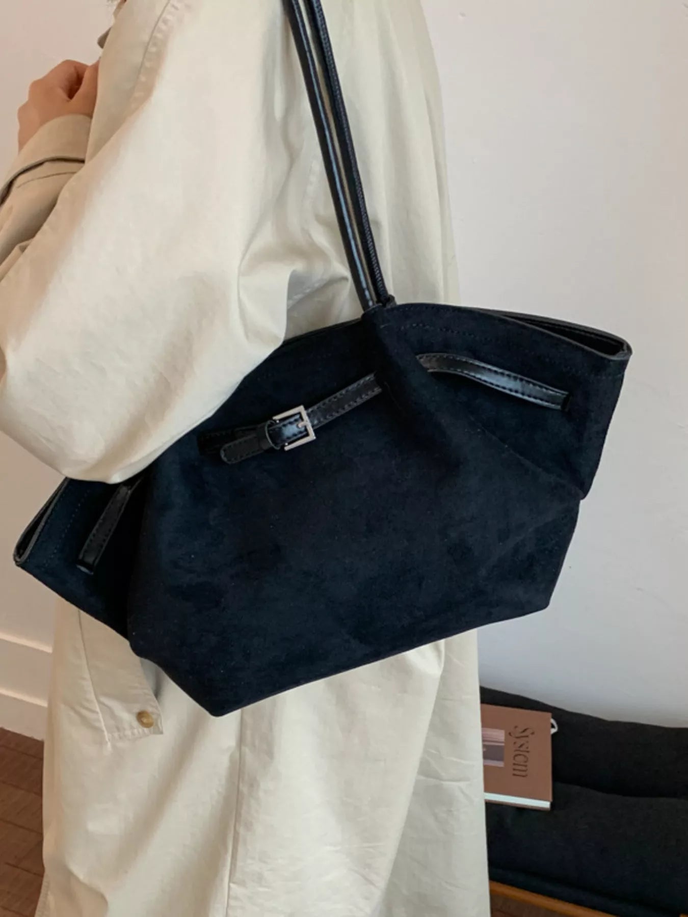 Solid Color Buckle Tote Bag