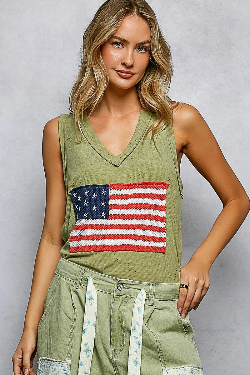 POL V-Neck Ribbed Tank with American Flag Patch and Star Back Patch