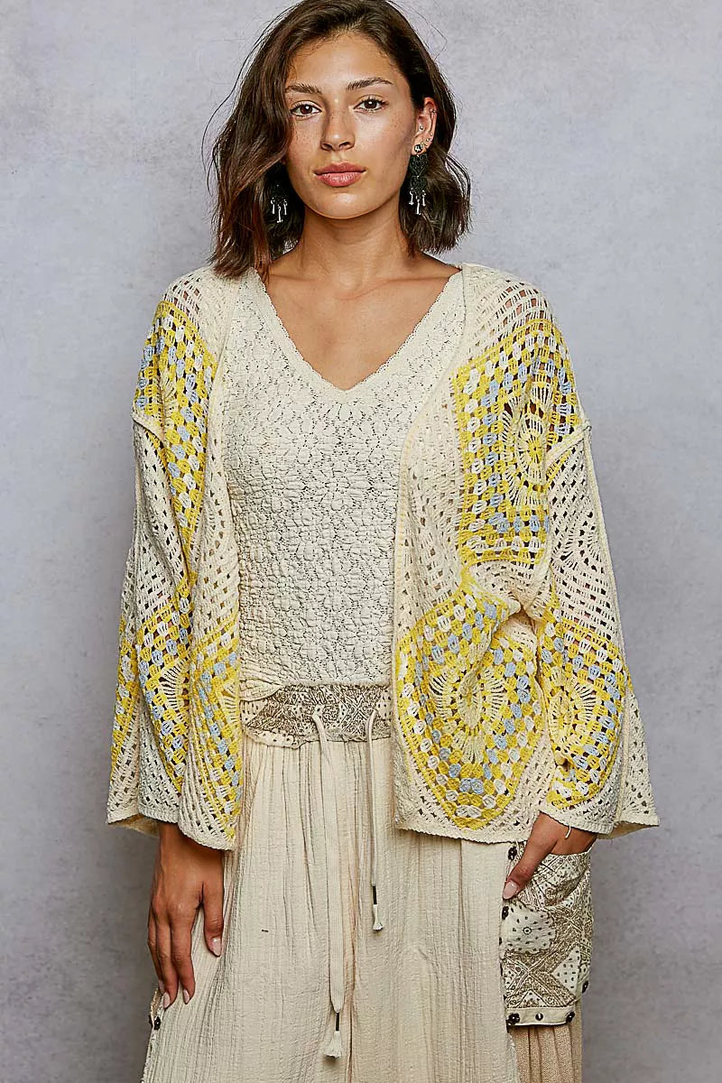 POL Open Front Crochet Cardigan with Granny Square Pattern