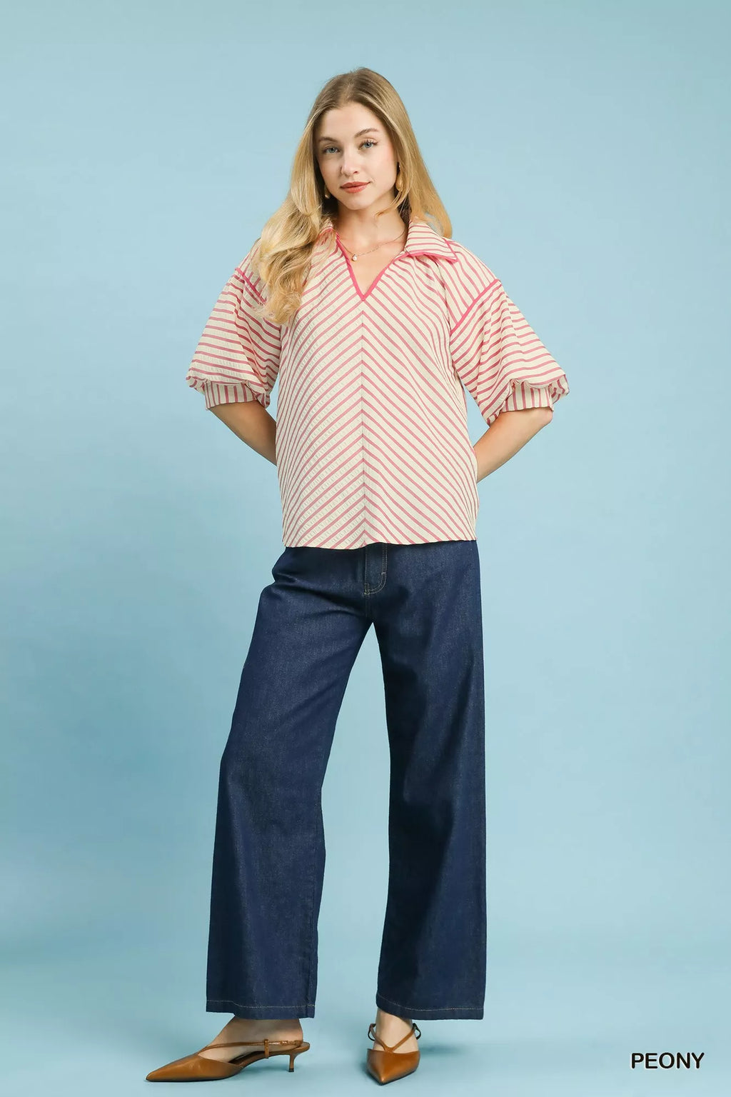 Umgee Chevron Stripe Collared Relaxed Top