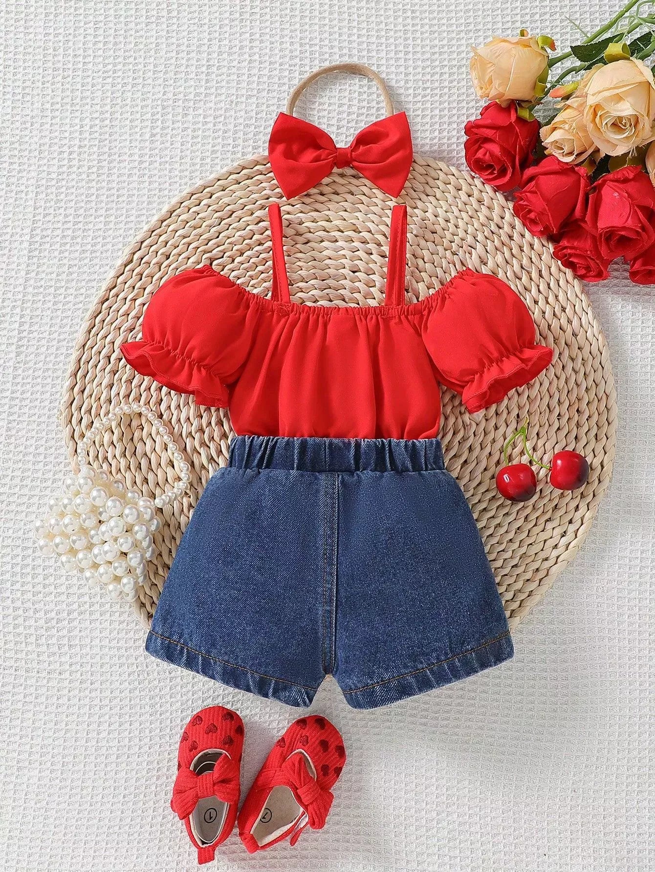 Children's Ruffled Top & Heart Embroidered Denim Shorts Set