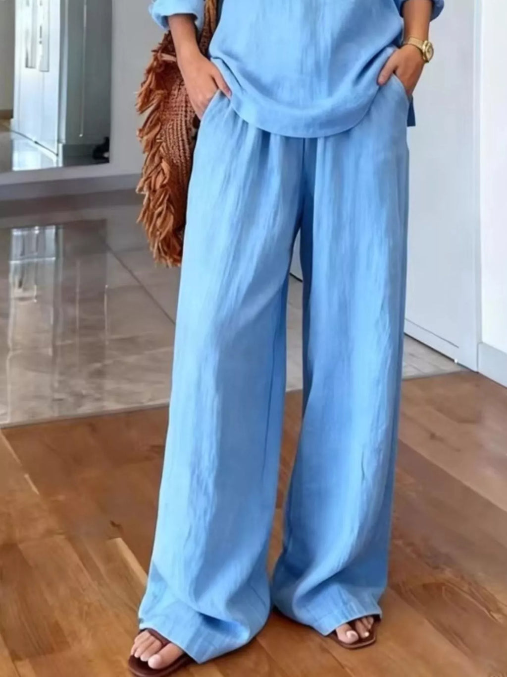 V-Neck Top and Wide-Leg Pants Set