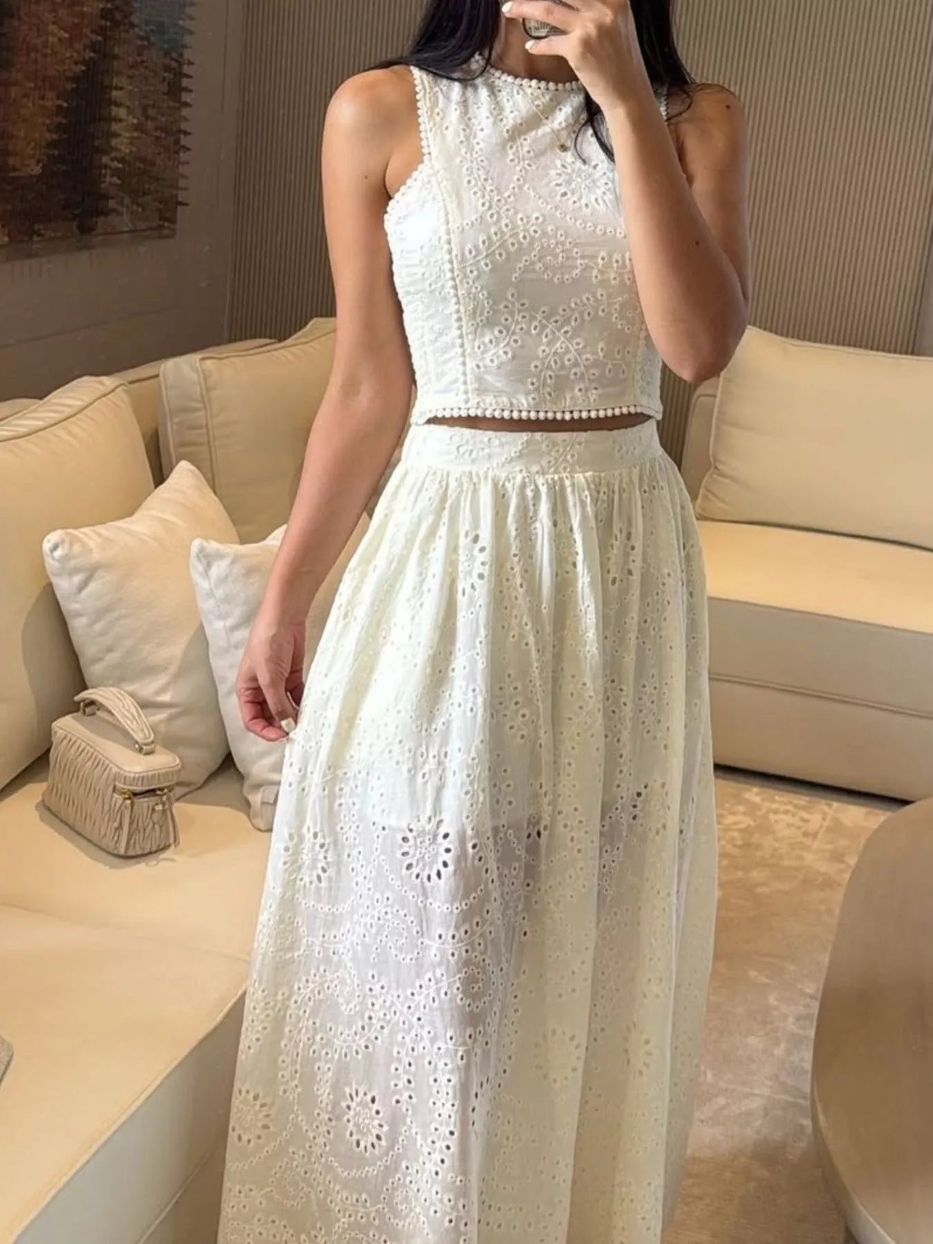 Eyelet Crop Top and Maxi Skirt Set