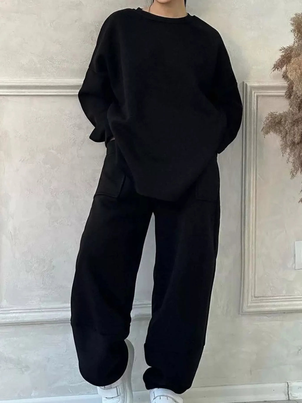 Full Size Oversized Round Neck Top and Pants Set Plus Size