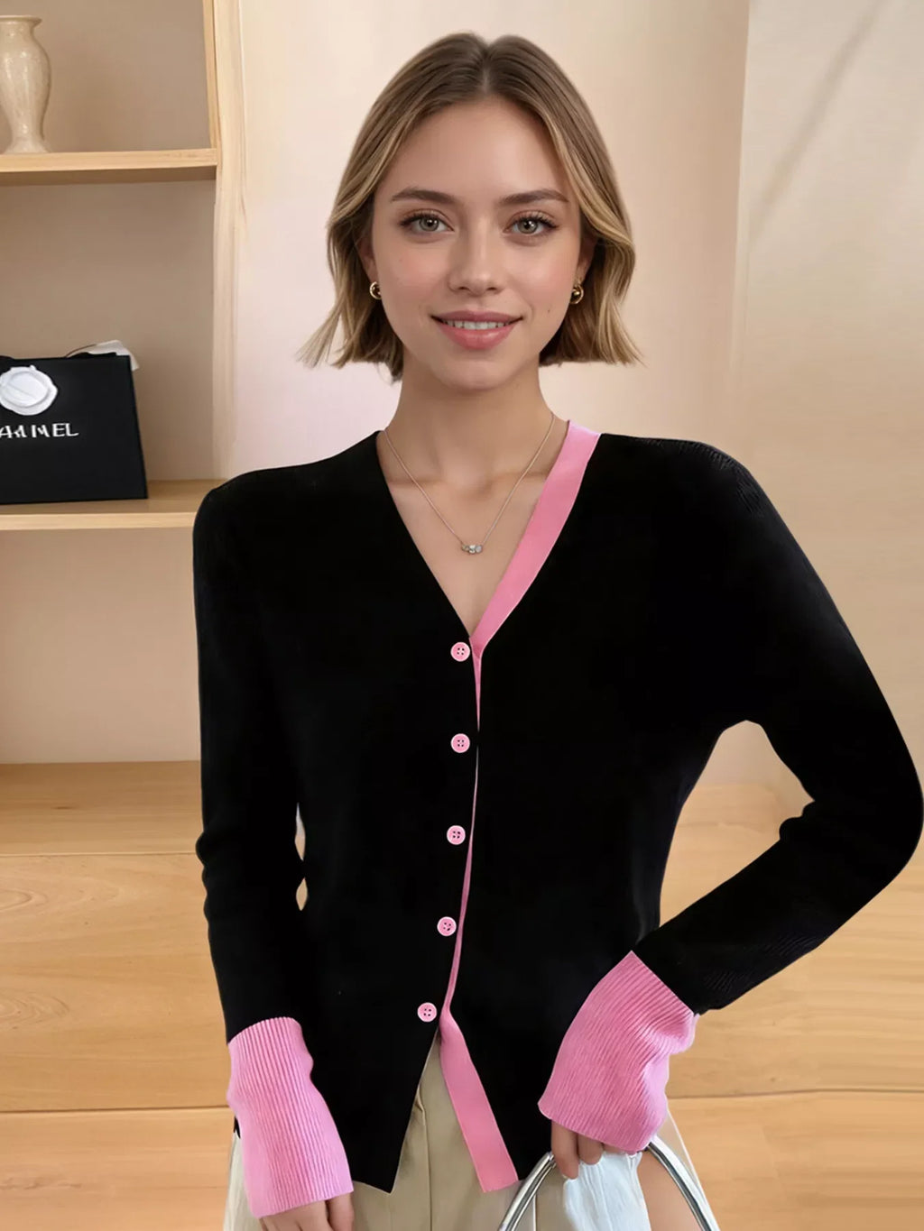 Contrast Trim Ribbed Knit Cardigan