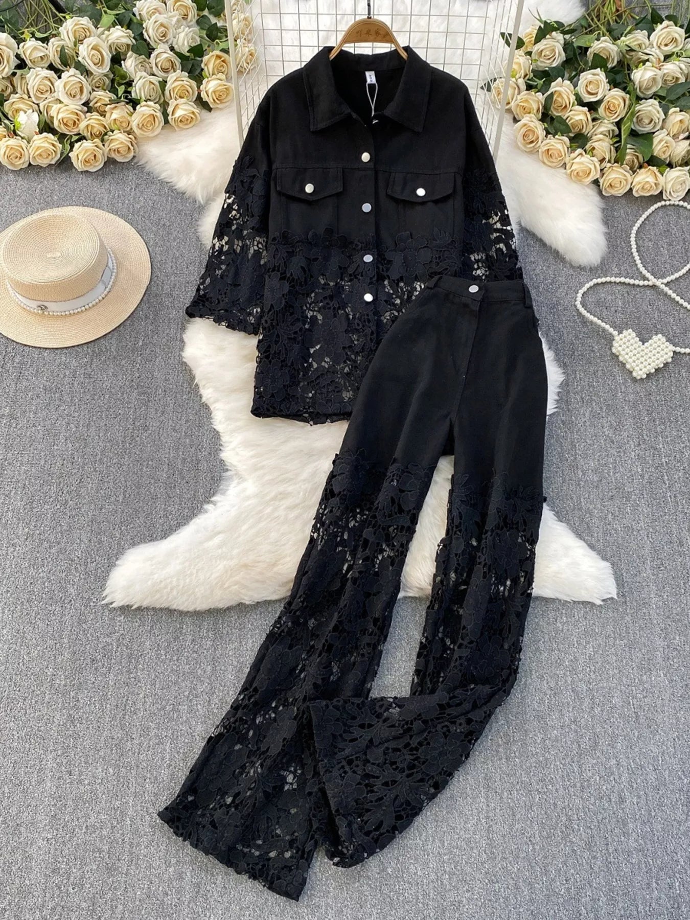 Lace Patchwork Shacket and Pants Set