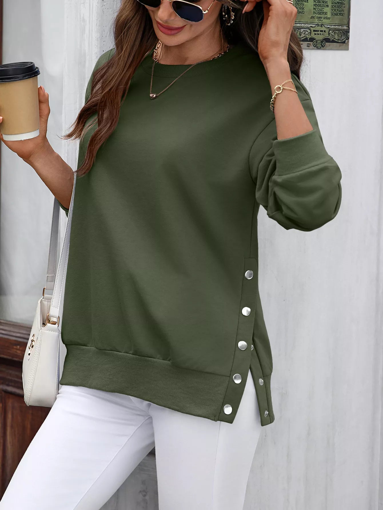 Side Snap Round Neck Sweatshirt