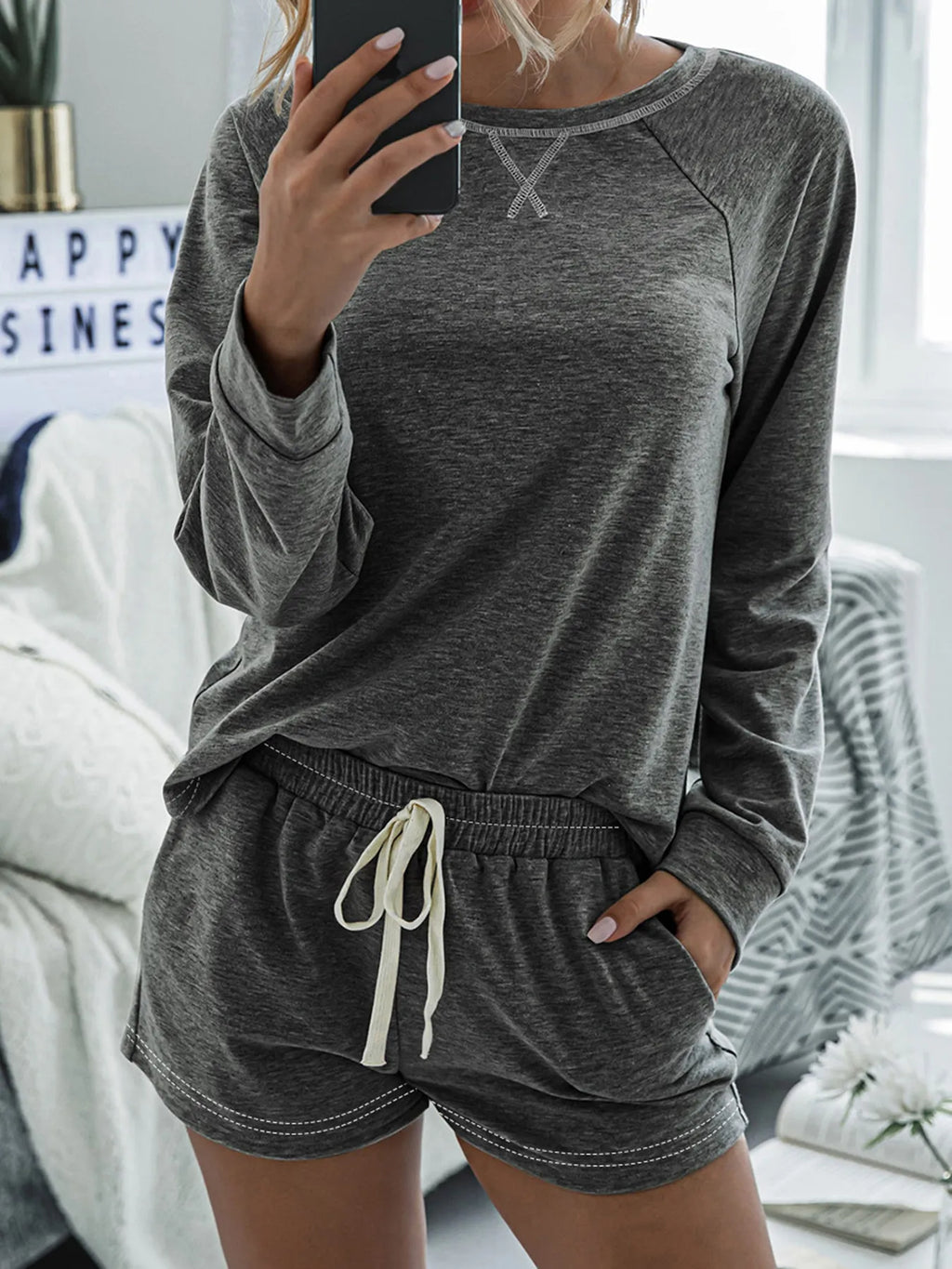 Round Neck Raglan Sleeve Top and Shorts Lounge Set