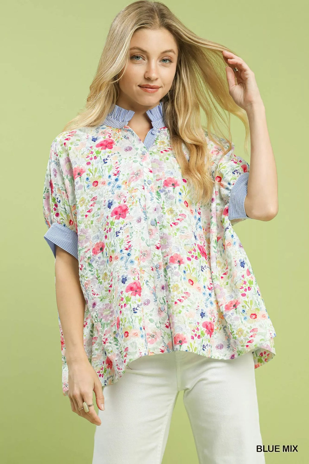 Umgee Jacquard Floral Print Button-Down Shirt