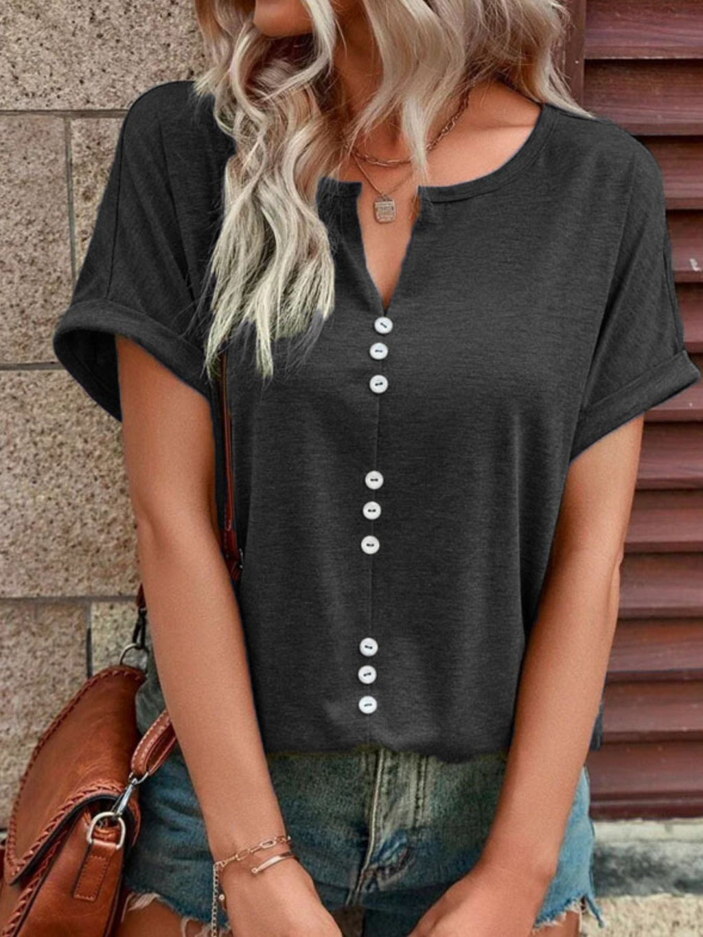Full Size Decor Button Short Sleeve T-Shirt Plus Size