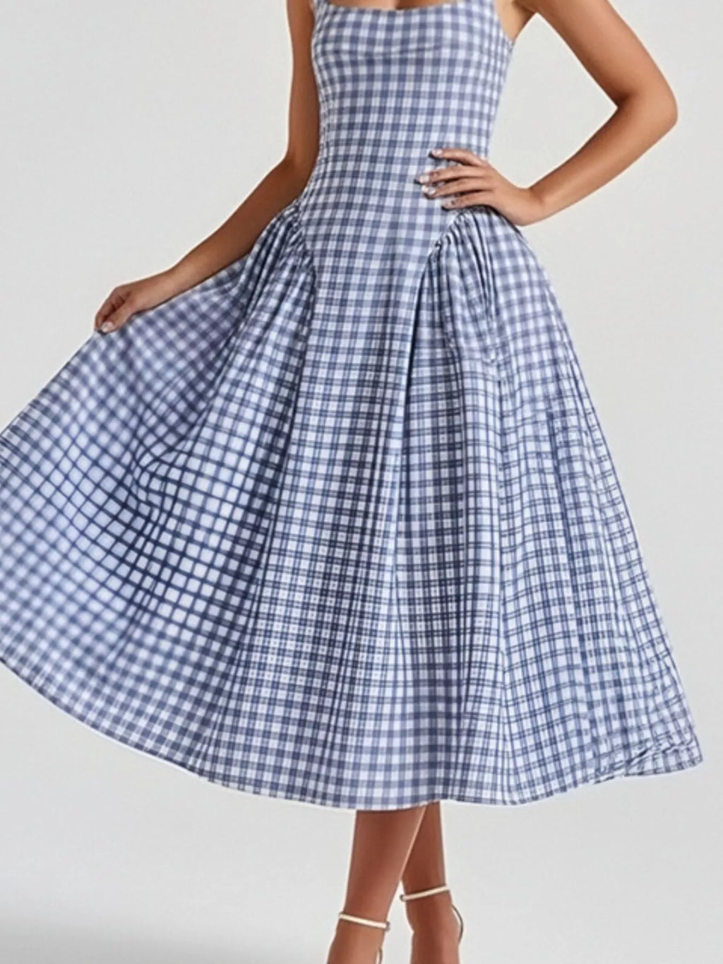 Full Size Plaid Square Neckline Midi Dress Plus Size