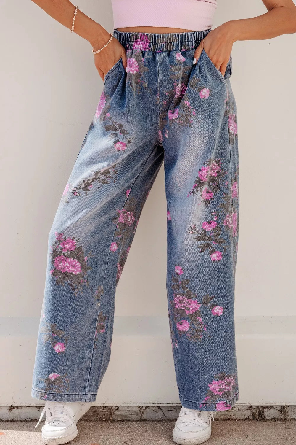 Floral Print Wide Leg Elastic Waist Jeans