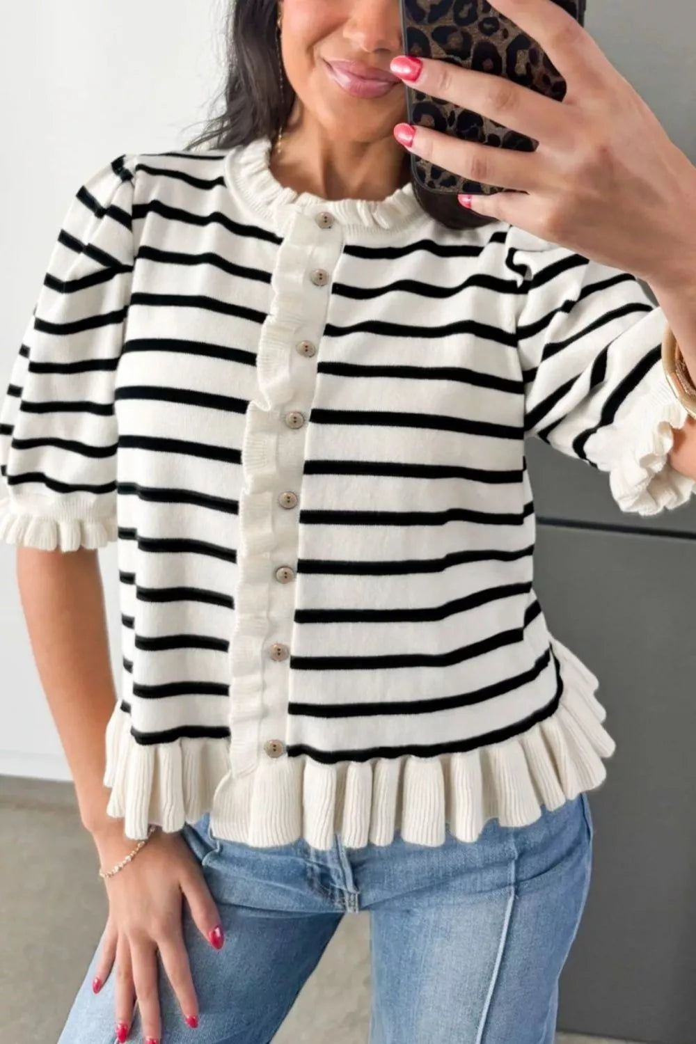 Stripe Ruffle Trim Button Down Knit Short Sleeve Sweater Cardigan