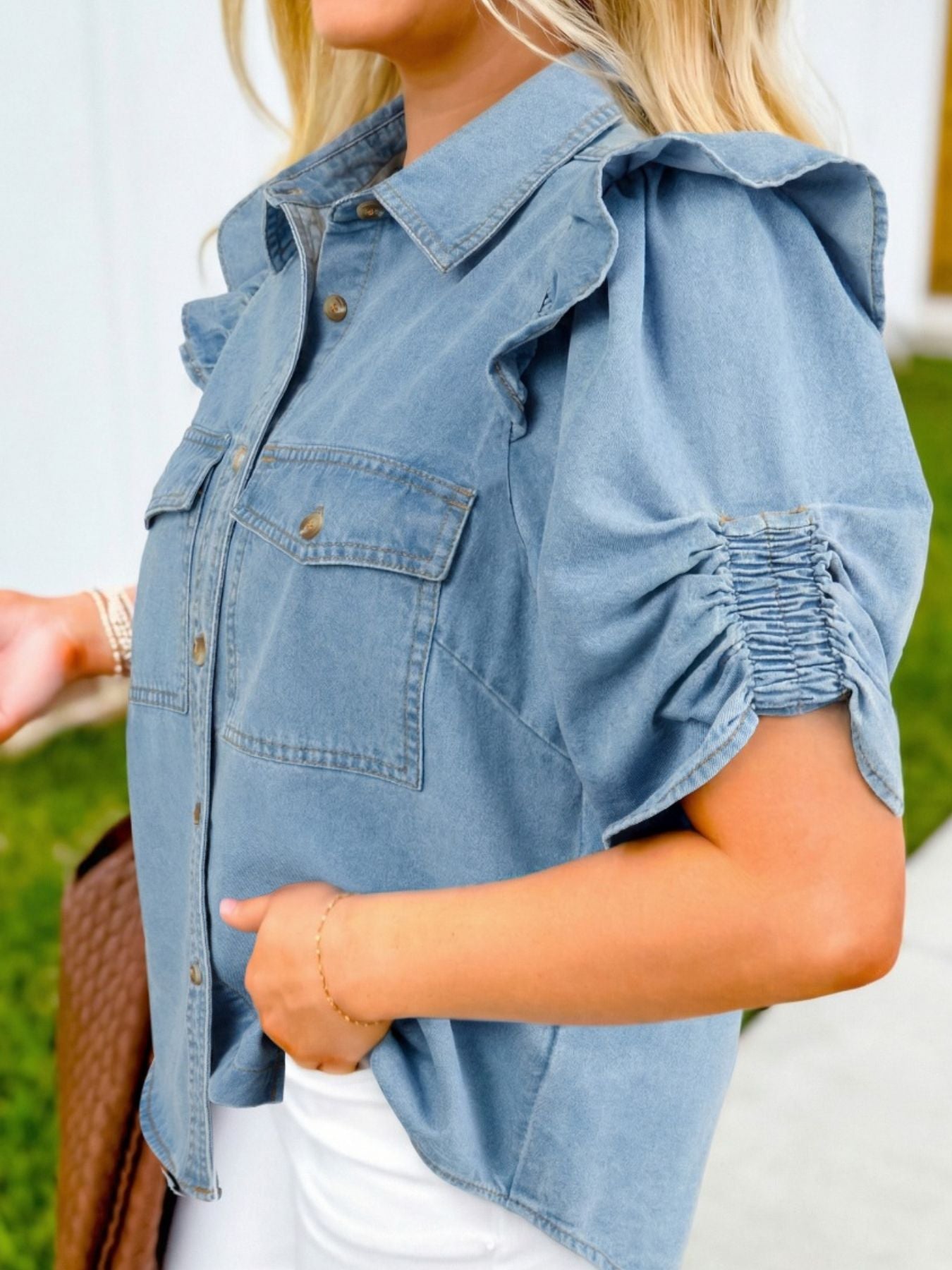 Ruffled Button-Down Denim Shirt