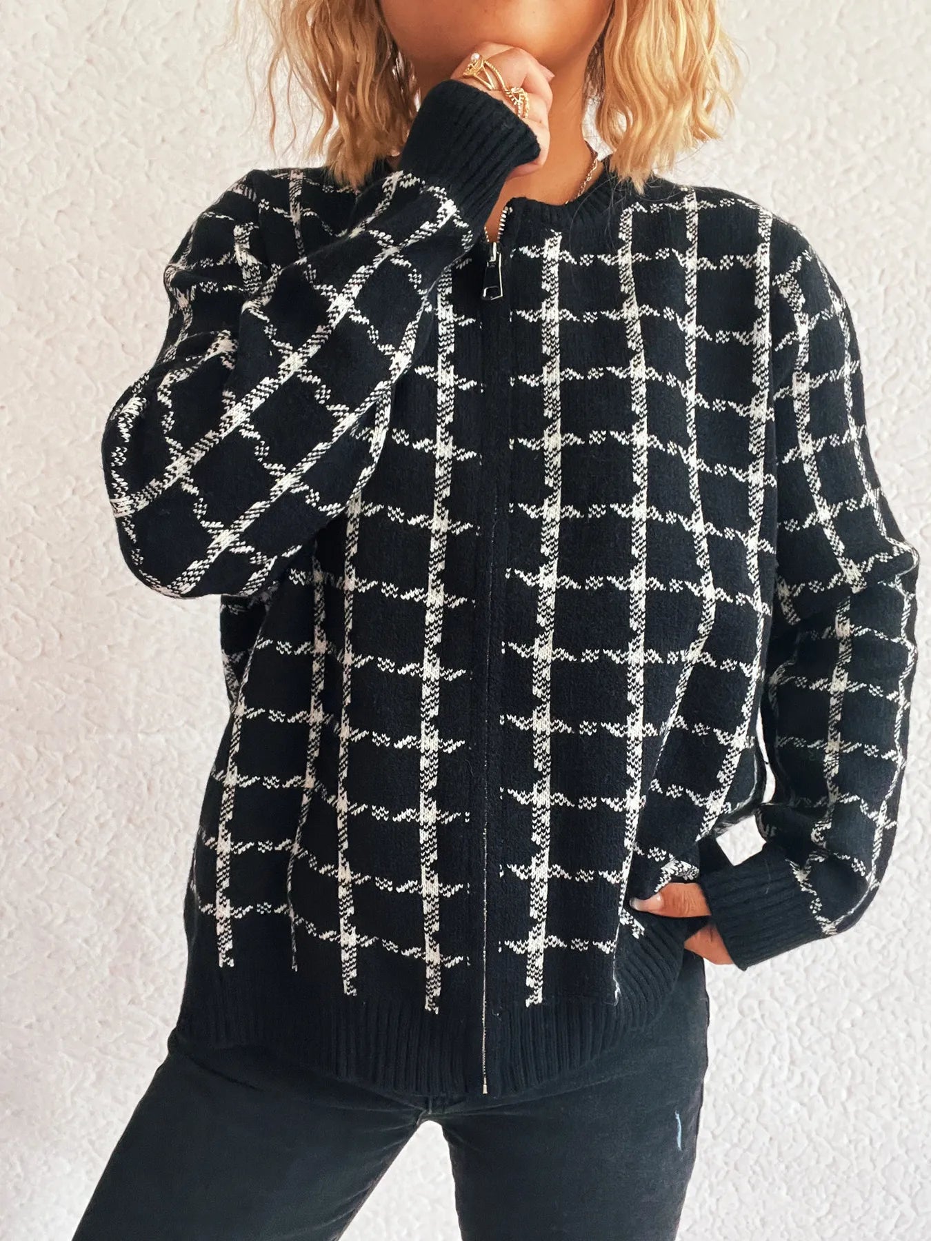 Plaid Pattern Zip Up Cardigan