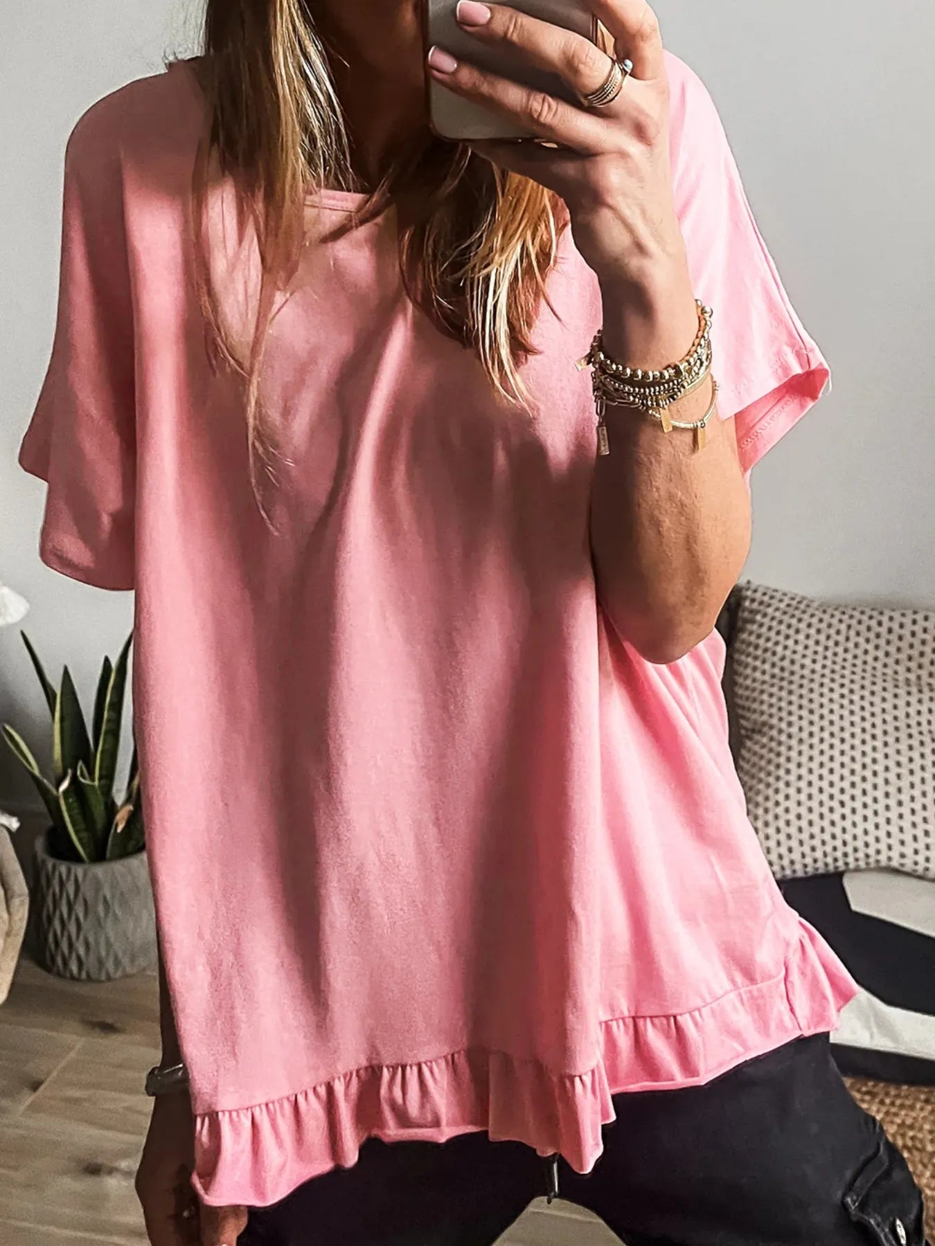 Ruffle Hem Round Neck Relaxed T-Shirt