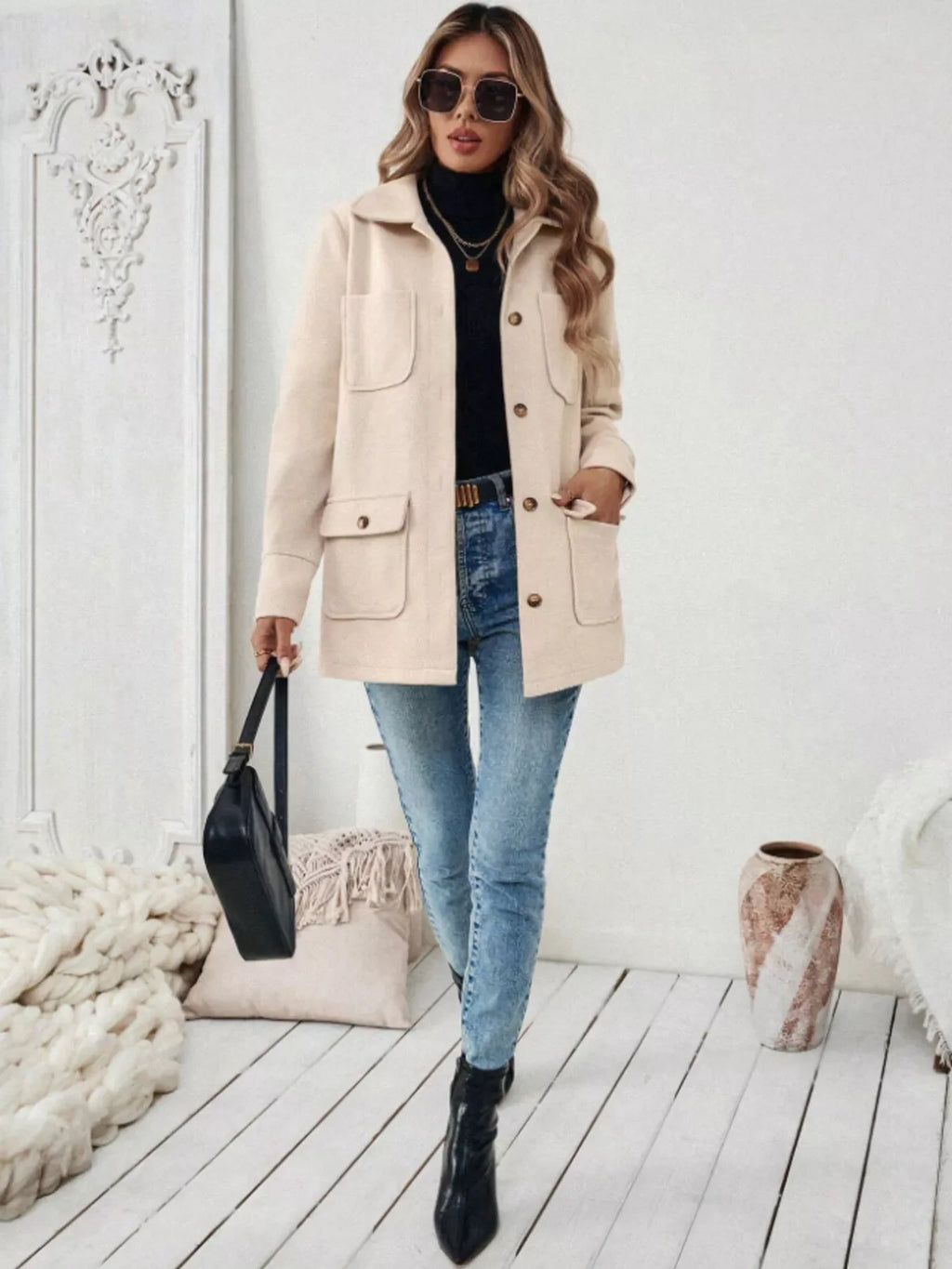 Button-Front Pocketed Long Sleeve Outerwear